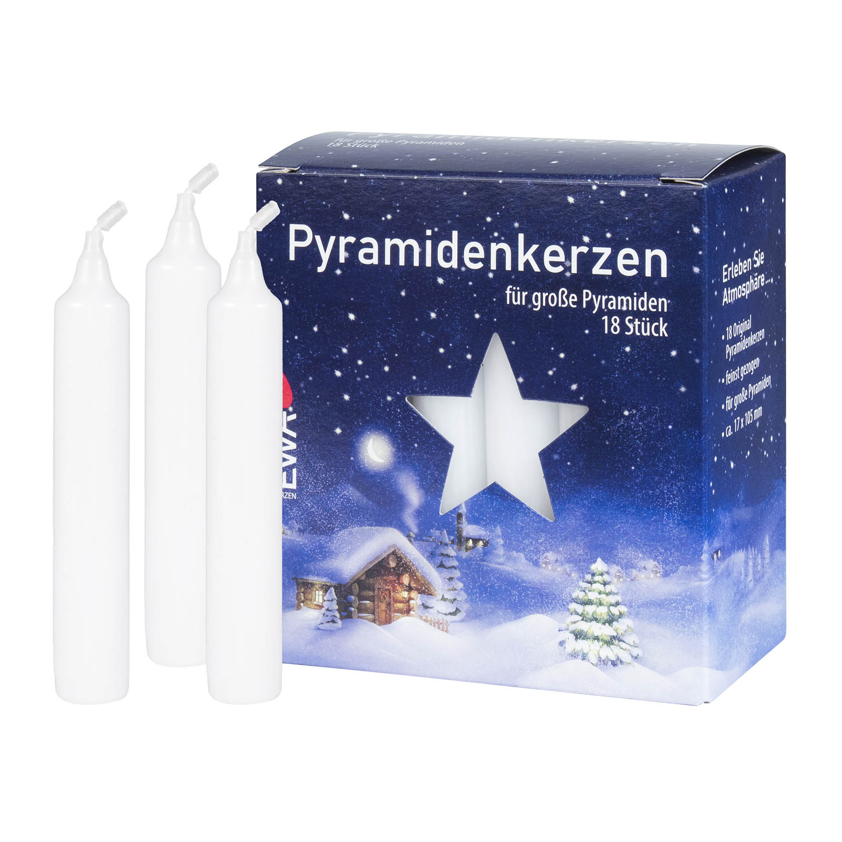 Verpackung von weißen Pyramidenkerzen der Marke JEKA mit Illustration einer winterlichen Hütte und Tannenbäumen. Zwei Kerzen sind nicht verpackt dargestellt. im Dregeno Online Shop günstig kaufen