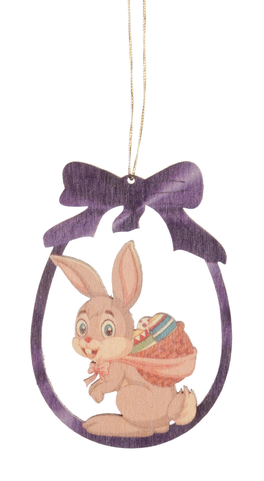 Holzanhänger in Form eines violetten Rahmens mit einer Schleife, darin ein Hase mit Kiepe, die bunte Ostereier enthält. im Dregeno Online Shop günstig kaufen