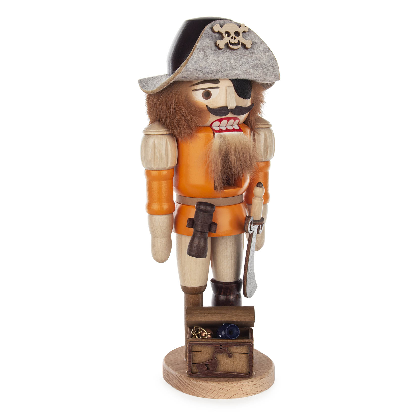 Ein Nussknacker in Form eines Piraten mit Augenklappe, oranger Kleidung und Schwert. Vor ihm steht eine kleine Schatztruhe mit Goldmünzen und einem Fernglas.