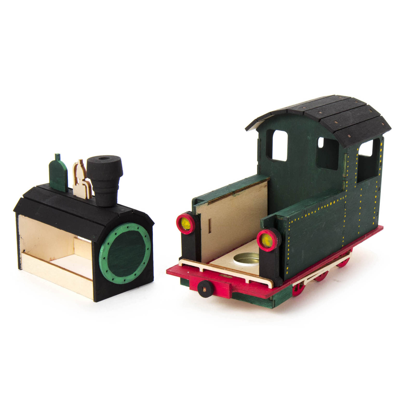 A DIY incense smoker set depicting a locomotive on a wooden base, 20x8x12cm in size. The set includes a locomotive engine and a separate cabin.