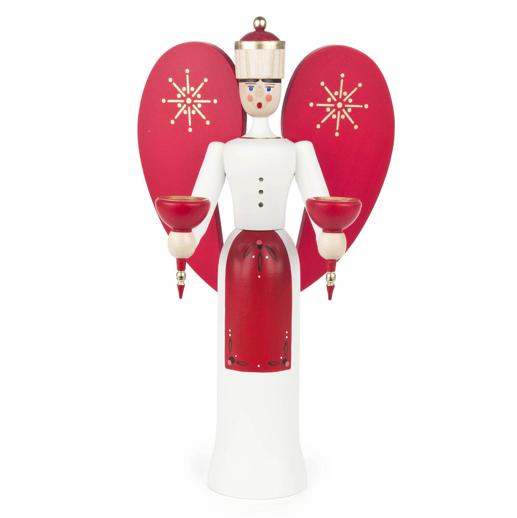 Figur eines Engels mit weißem Körper und rotem Rock, hält zwei rote Kerzenhalter, trägt einen goldenen Hut und hat rote Flügel mit Sternenmotiv. im Dregeno Online Shop günstig kaufen
