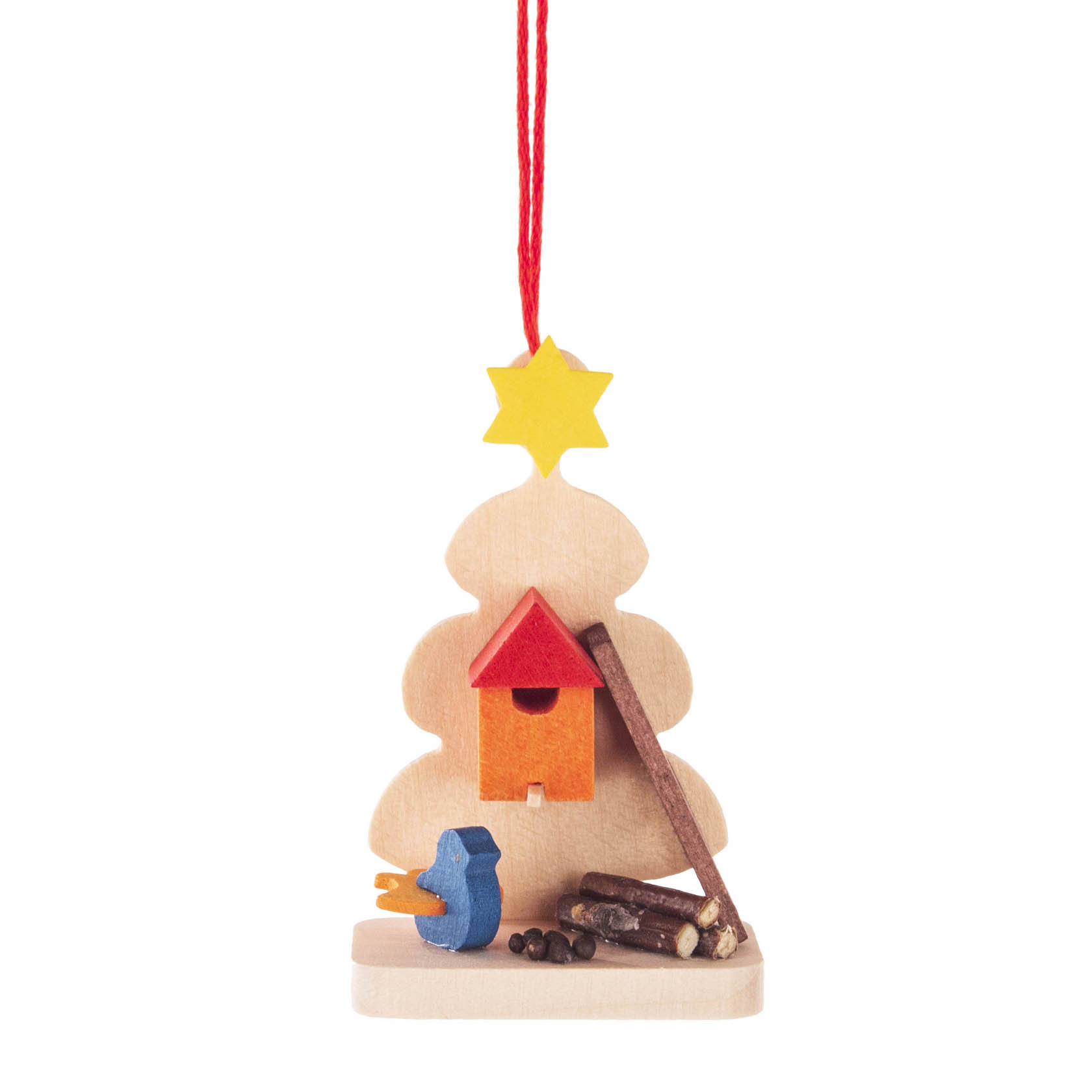 Weihnachtsbaumanhänger aus Holz in Form eines stilisierten Christbaums mit gelbem Stern, einem roten Vogelhaus und einem blauen Vogel. im Dregeno Online Shop günstig kaufen