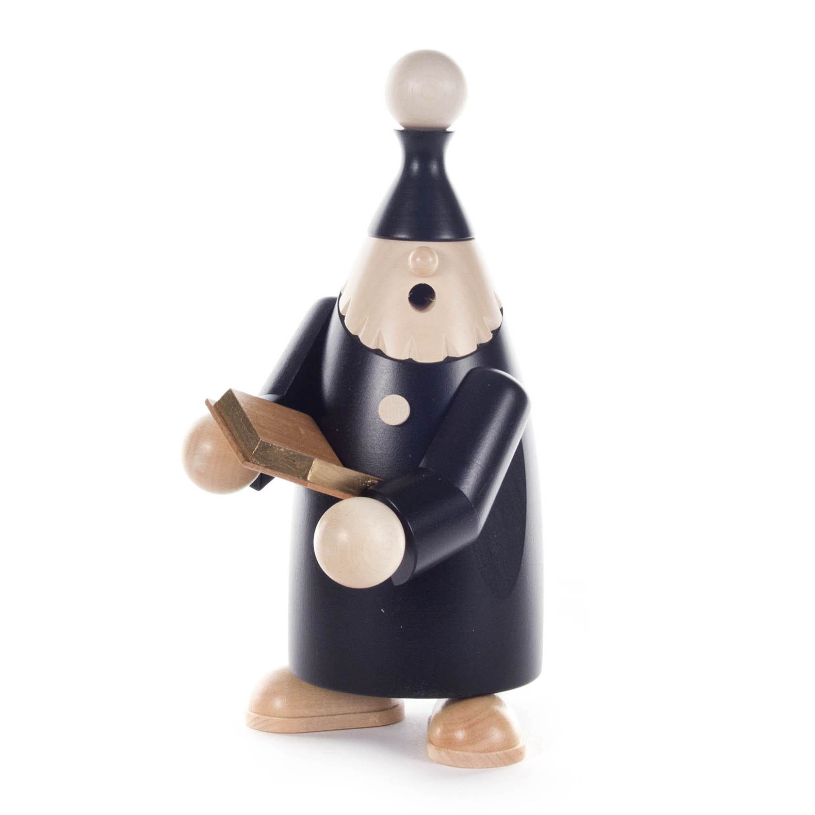 Holzfiguren-Räuchermann in Form eines Wichtels mit weißem Bart, schwarzem Gewand und einem goldenen Buch in den Händen. im Dregeno Online Shop günstig kaufen