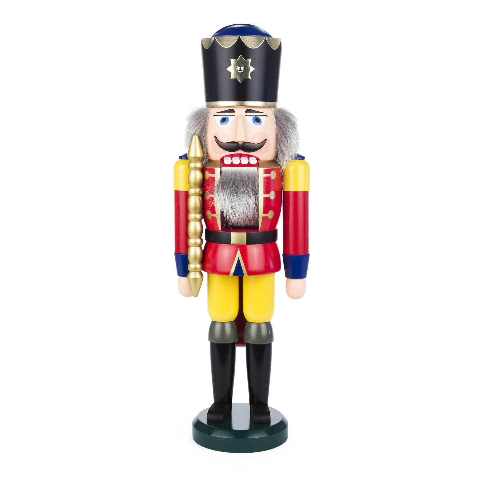 Ein rot-gelber Nussknacker in Königsgestalt, 39 cm groß, trägt eine goldene Krone und hält ein goldenes Zepter. Er hat einen markanten Bart und blaue Augen. im Dregeno Online Shop günstig kaufen