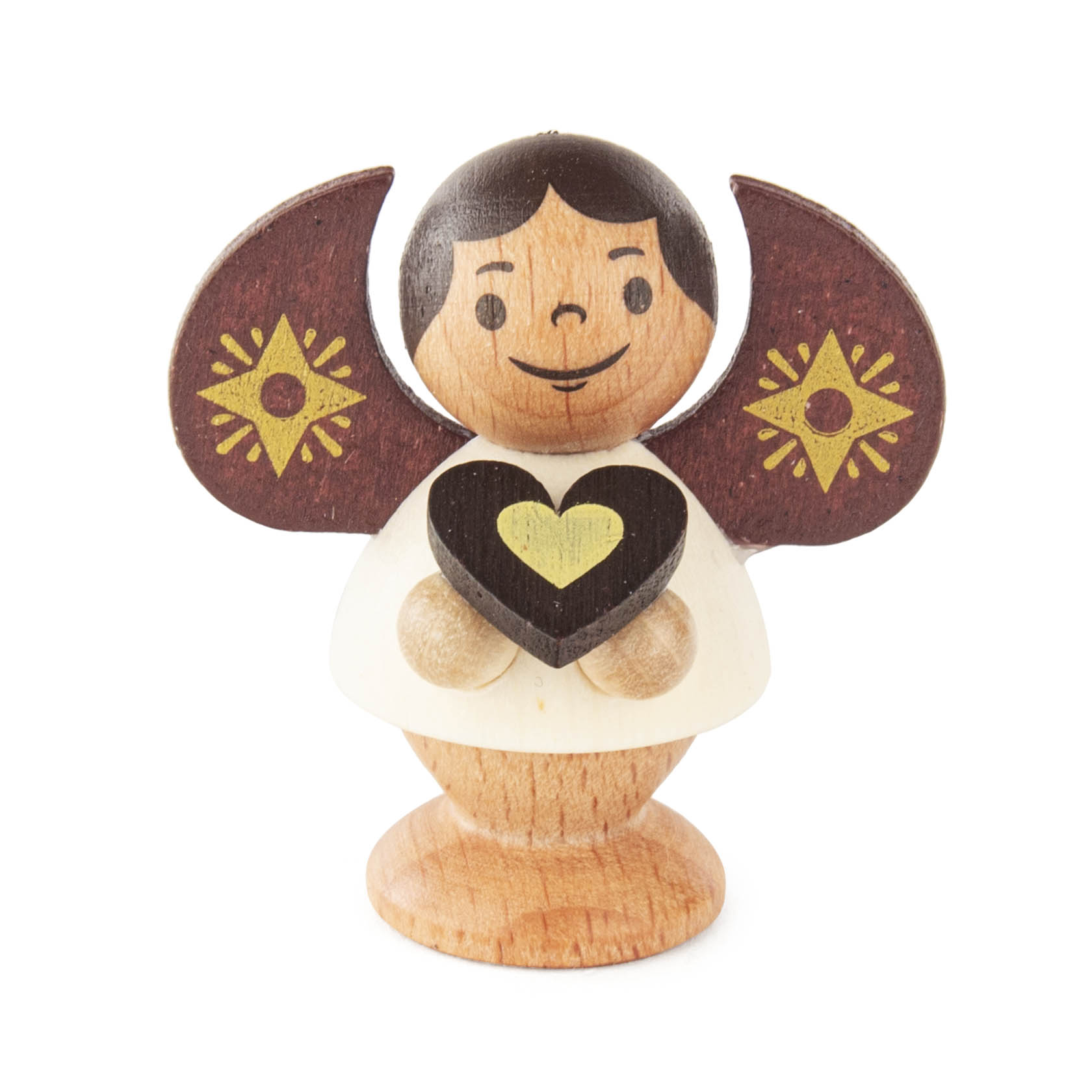 Holzengel mit dunklen Flügeln und gelben Mustern, der ein Herz hält. im Dregeno Online Shop günstig kaufen