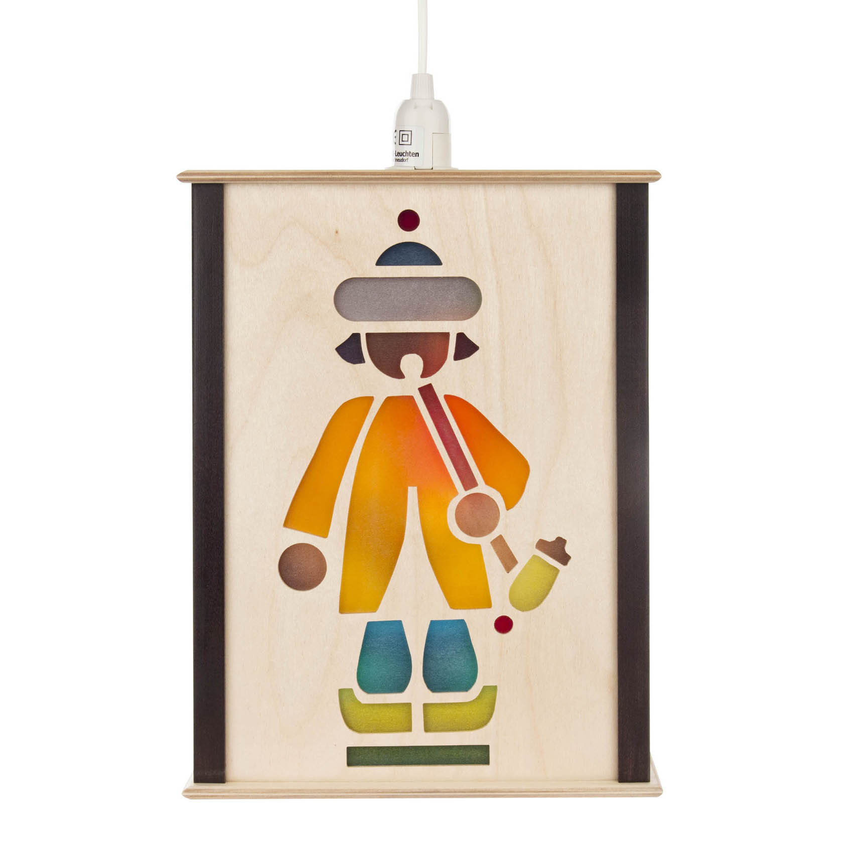 Eine Fensterlaterne mit einem ausgeschnittenen Motiv eines Reiters. Das Motiv zeigt einen stilisierten Reiter mit Helm und Laterne in bunten Farben. im Dregeno Online Shop günstig kaufen