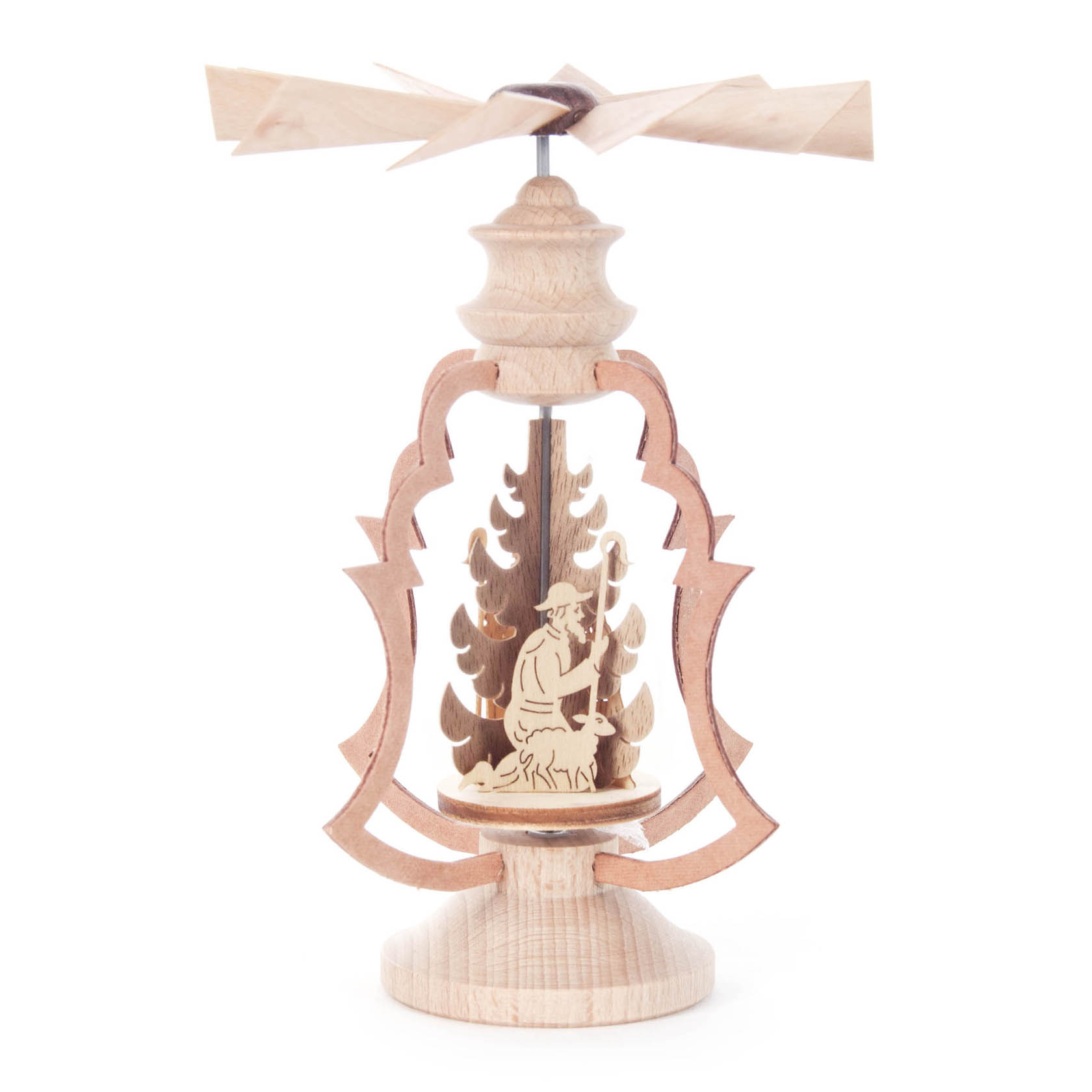 Ein Holz-Wärmespiel mit Darstellung der Geburt Christi, bestehend aus einer drehbaren Pyramide mit Weihnachtsbaum und Krippenfigur im Zentrum.