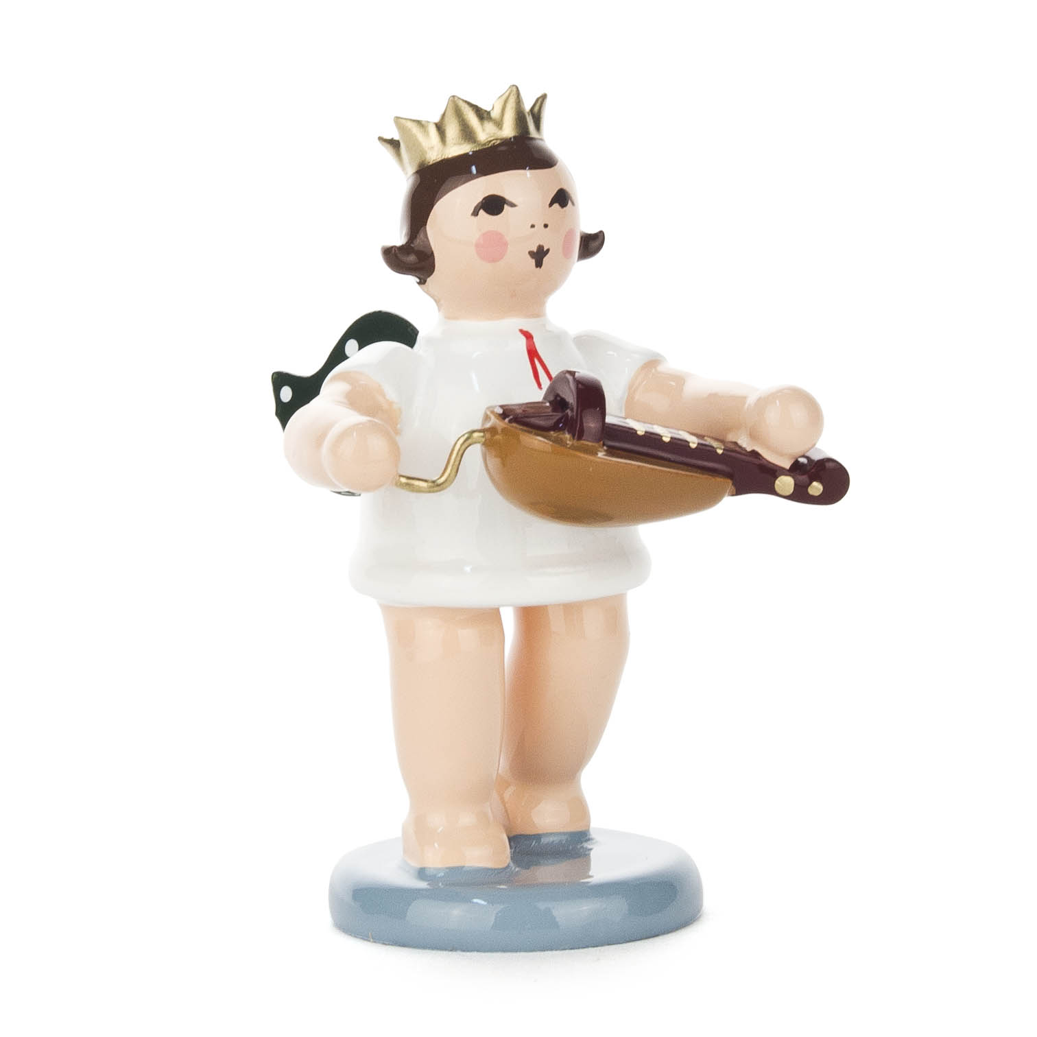 Ein Engel mit Krone, der eine Drehleier hält. Der Engel hat Flügel mit grünen Punkten und trägt ein weißes Gewand. im Dregeno Online Shop günstig kaufen