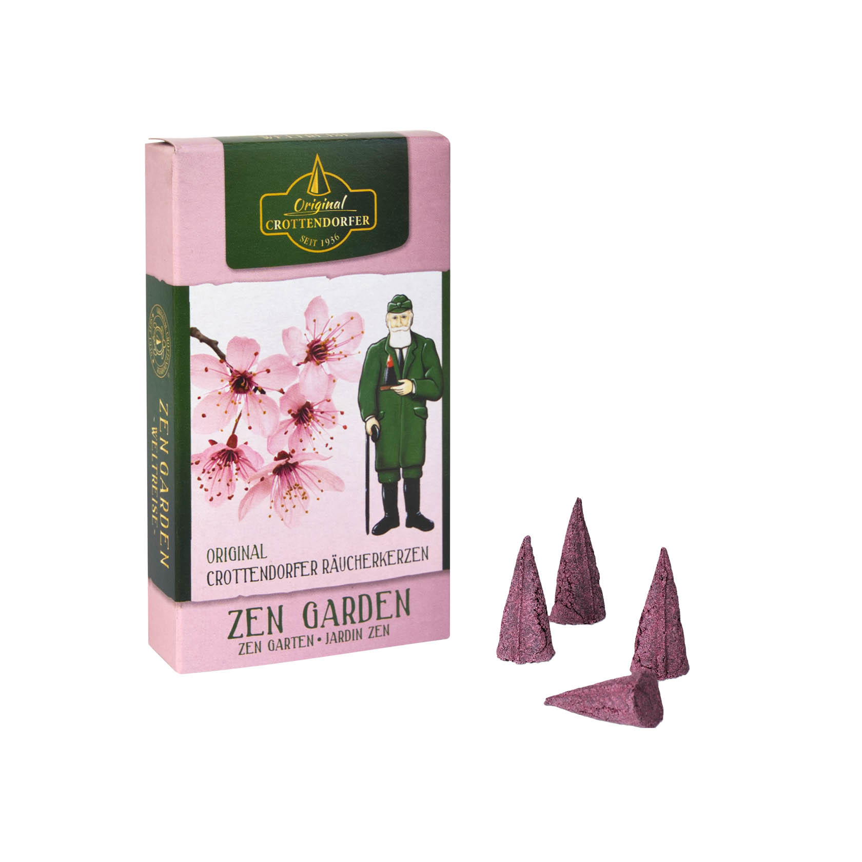 Packung Crottendorfer Räucherkerzen in der Sorte Zen Garden, zeigt blühende Kirschblüten. Vor der Packung sind mehrere lila Räucherkerzenkegel zu sehen. im Dregeno Online Shop günstig kaufen