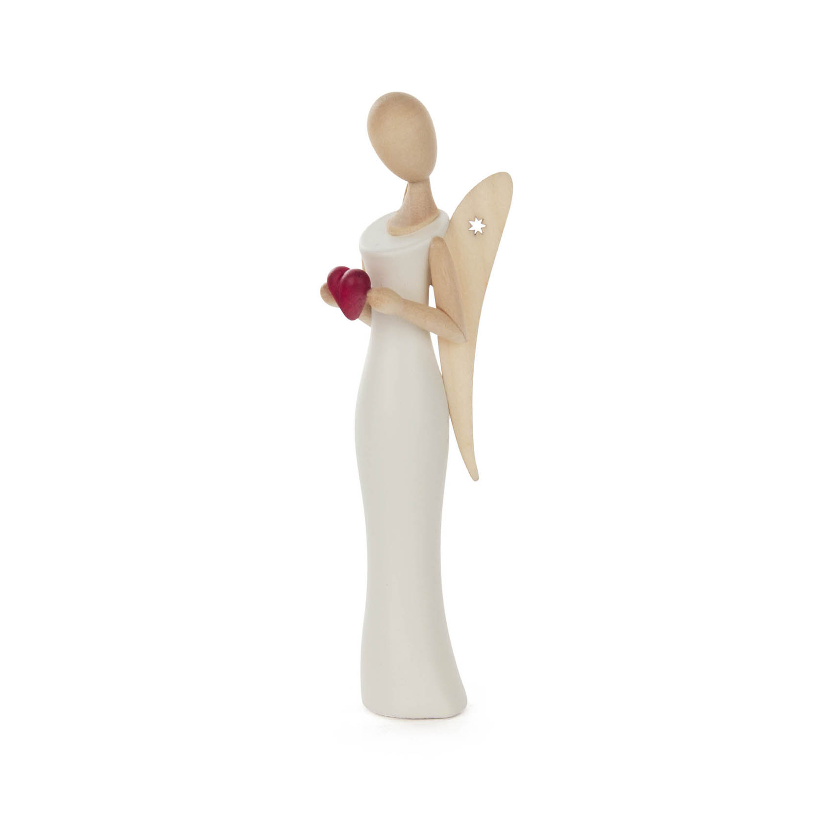 Eine 8 cm große weiße Mini Engel-Figur mit einem schlichten Sternkopf hält ein rotes Herz in den Händen. Sie hat einen hölzernen Flügel mit einem kleinen Eingeschnitzten Stern. im Dregeno Online Shop günstig kaufen