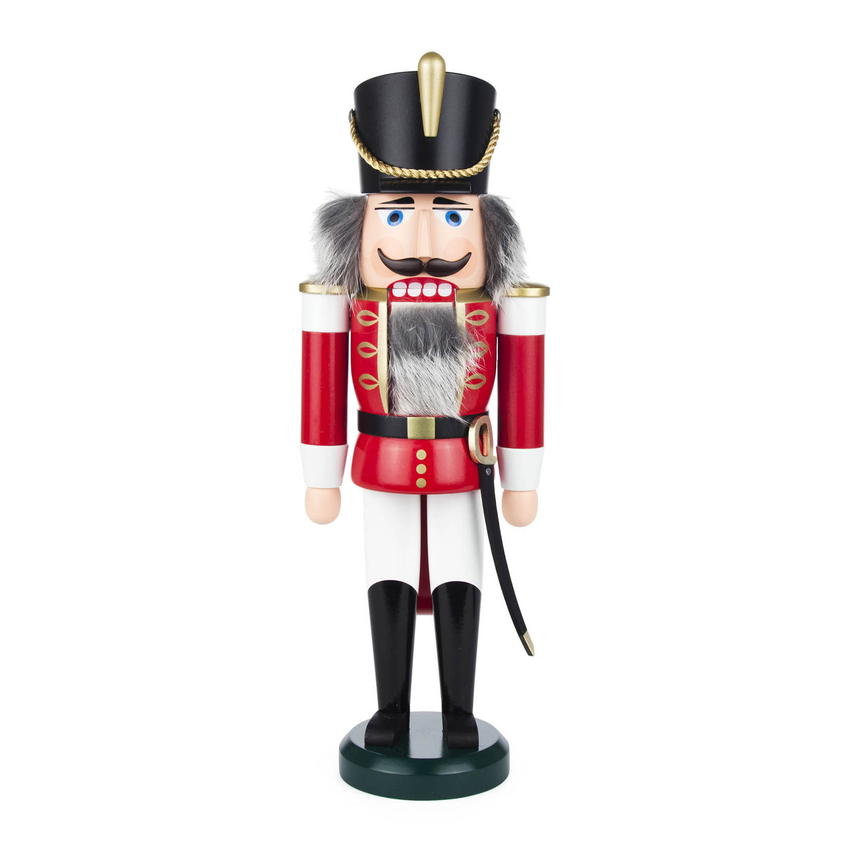 Hölzerner Nussknacker in Form eines Husarenoffiziers in rot-weißer Uniform, 36 cm groß, mit schwarzem Hut, goldenen Verzierungen und Schwert. im Dregeno Online Shop günstig kaufen
