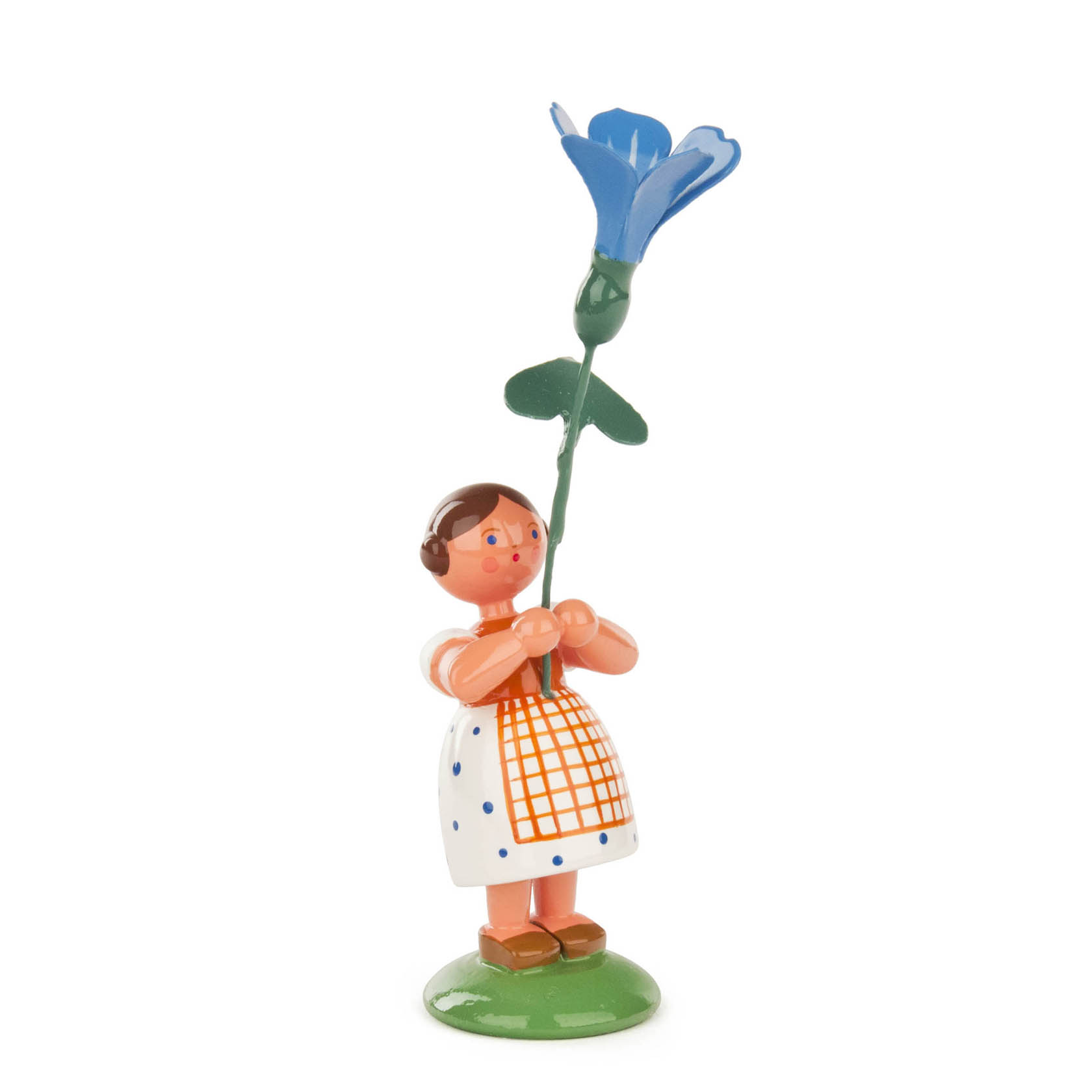 Holzfigur eines Mädchens, das eine große blaue Prunkwinde hält. Das Mädchen trägt ein weißes Kleid mit orangem Karomuster und blauen Punkten. im Dregeno Online Shop günstig kaufen