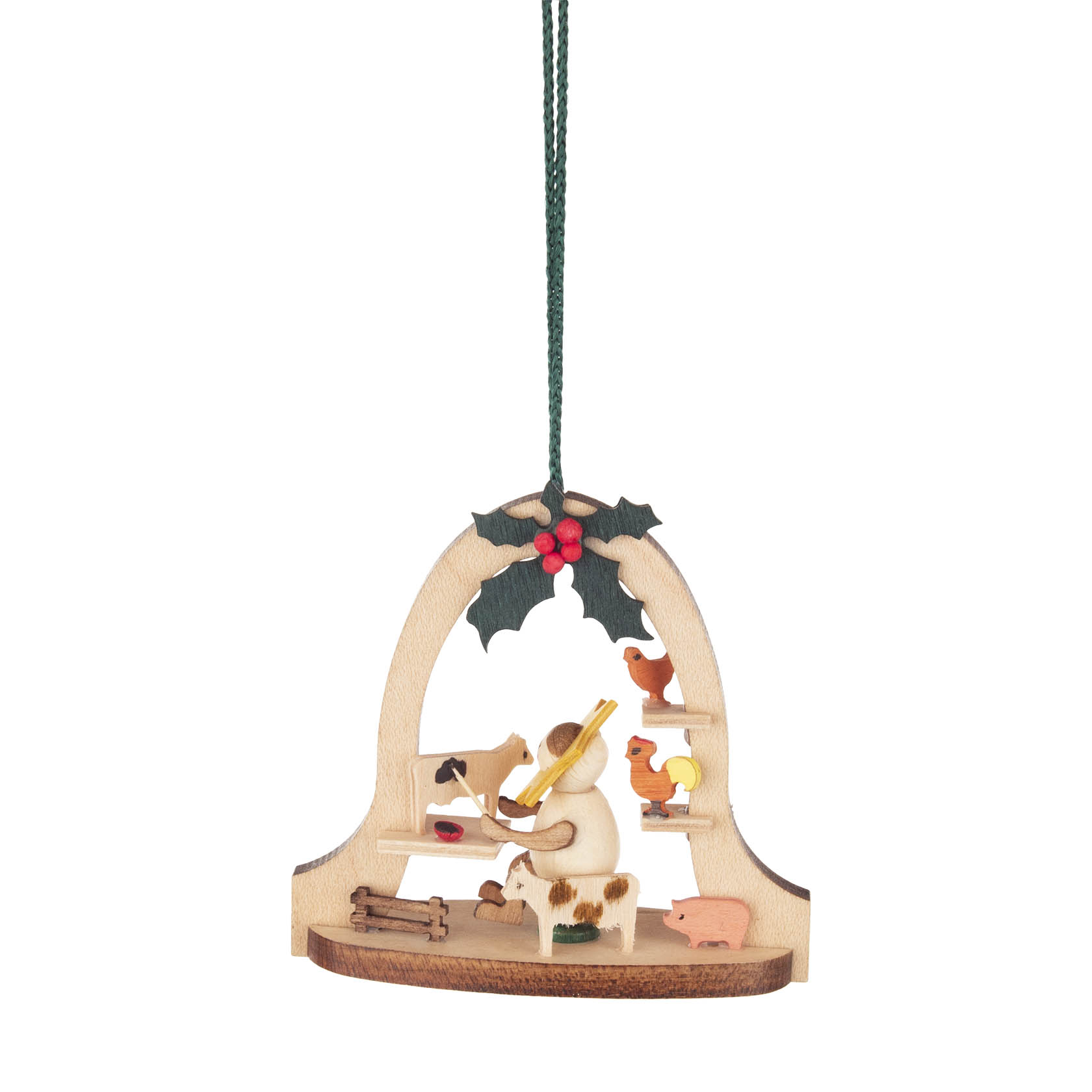 Holz-Baumbehang mit Sternenkind-Figur, umgeben von verschiedenen Tieren auf einer Holzschaukel, an einem grünen Faden hängend. im Dregeno Online Shop günstig kaufen