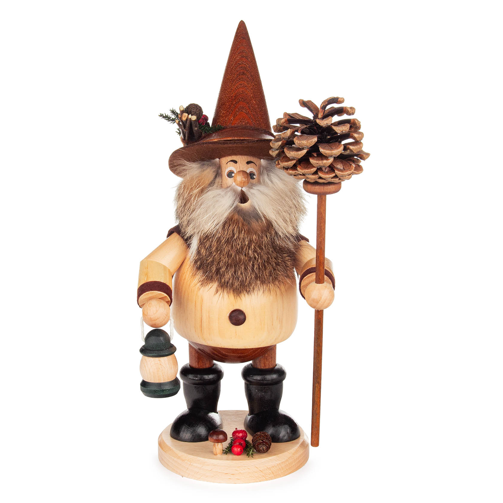 Holzfigur eines Räuchermanns in Form eines Wichtels mit braunem Hut, langem Bart, Laterne in der Hand und einem Stock mit Zapfen. im Dregeno Online Shop günstig kaufen