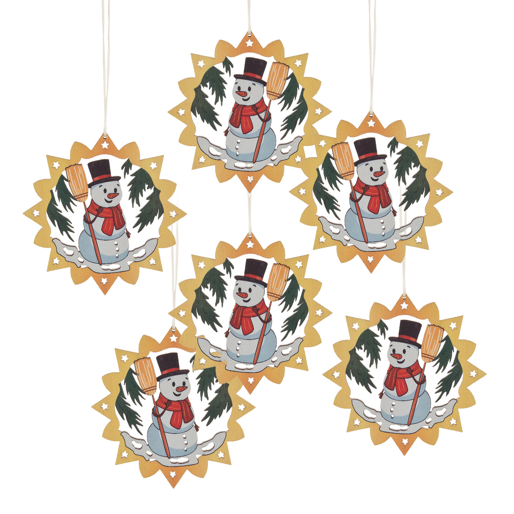 Six colorful paper ornaments featuring a smiling snowman wearing a top hat and scarf, surrounded by evergreen tree branches, hanging in a decorative pattern. im Dregeno Online Shop günstig kaufen
