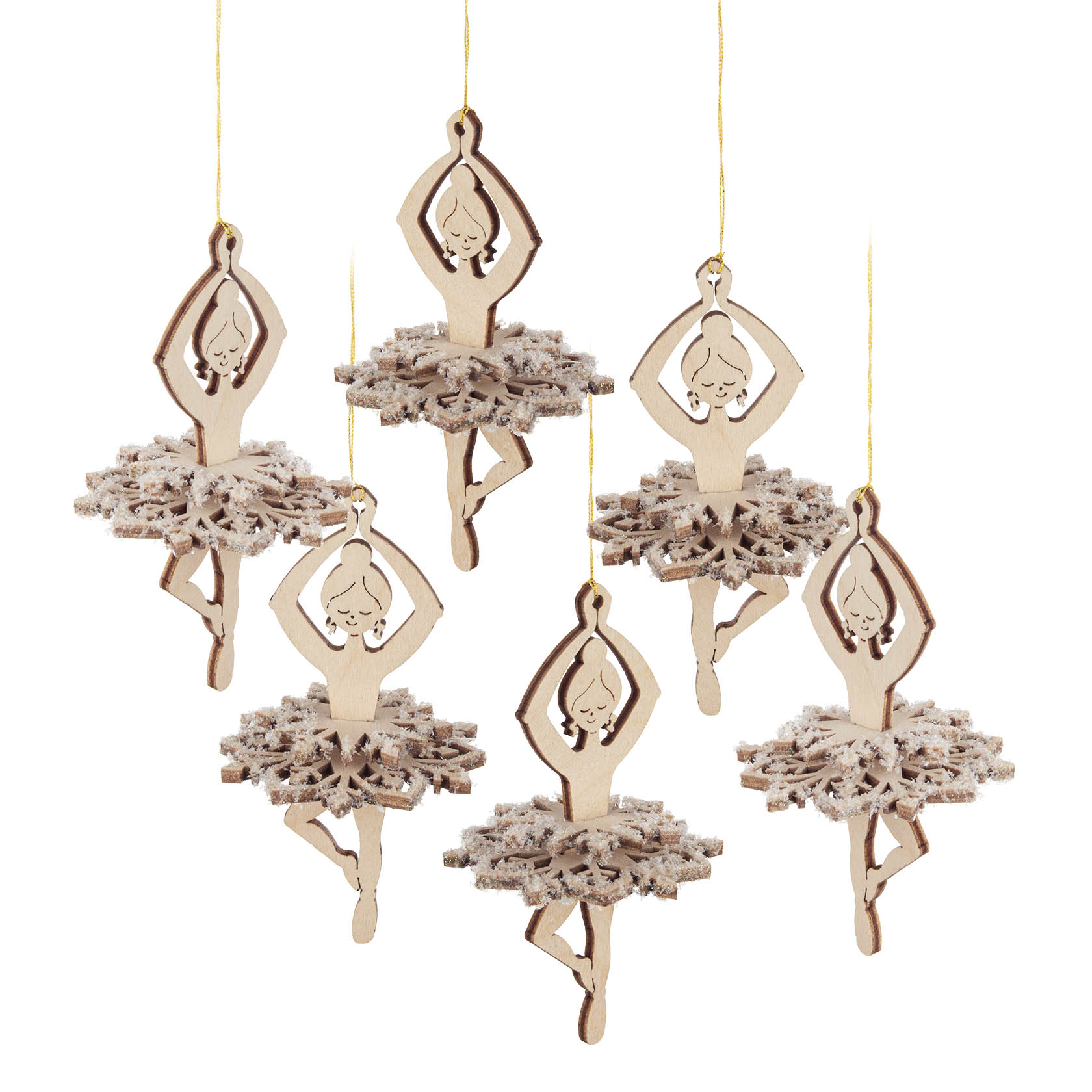 Sechs hölzerne Ballerina-Anhänger in Tanzposen, mit weißen Schneeflocken-Röcken. Diese sind an goldenen Fäden aufgehängt. im Dregeno Online Shop günstig kaufen
