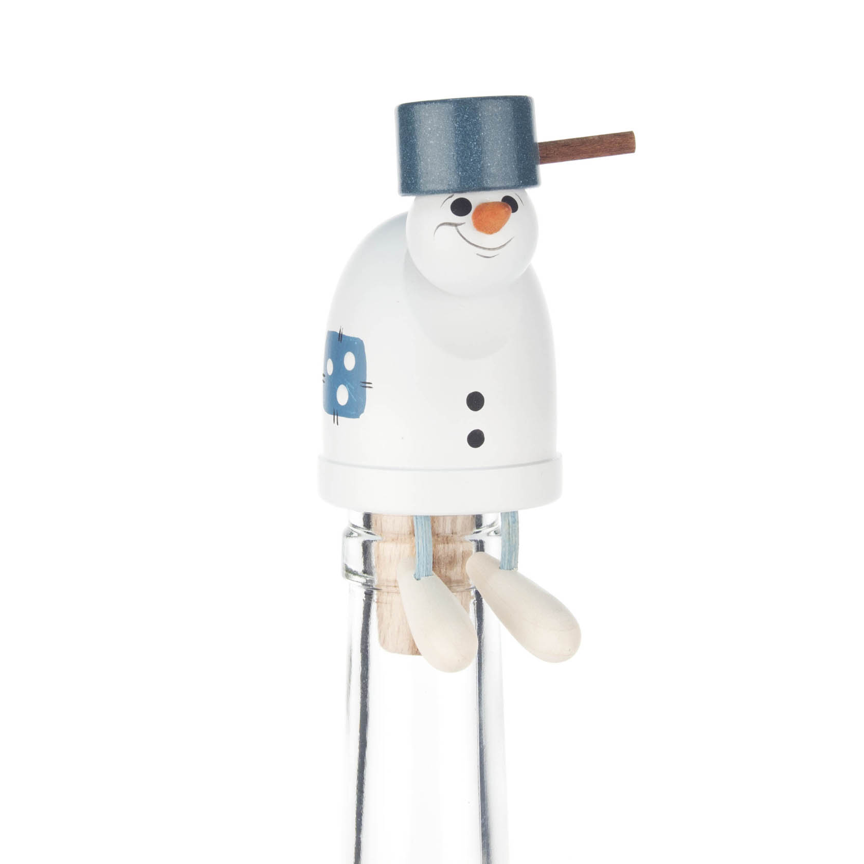 Ein minimalistischer Schneemann mit einer schwarzen Kasserolle als Hut, sitzt auf einer Flasche. Seine Arme und Beine bestehen aus einfachen Formen. im Dregeno Online Shop günstig kaufen