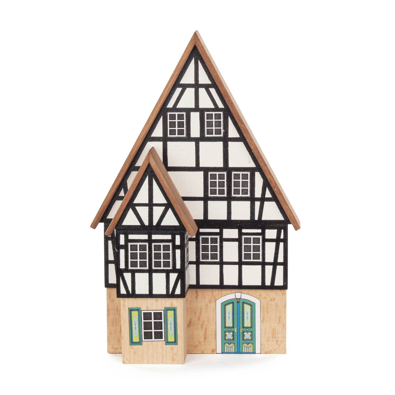 Holzmodell eines Kaufmannshauses mit vorgeblendetem Giebel im Fachwerkstil, mit mehreren Fenstern und grünen Doppeltüren im Erdgeschoss. im Dregeno Online Shop günstig kaufen