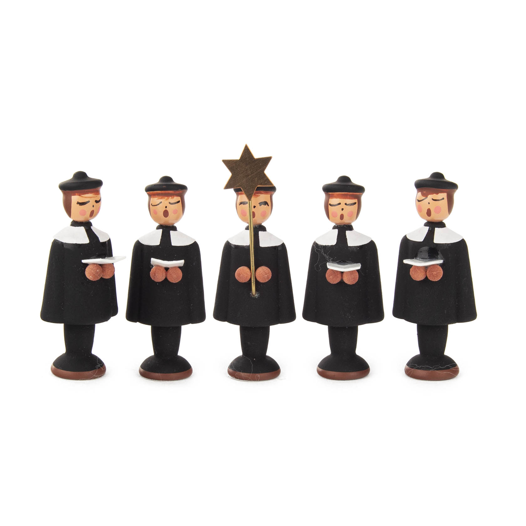 Fünf Holzfiguren einer Kurrende in schwarzer Kleidung mit Hüten, eine Figur trägt einen Stern, die anderen halten Liederbücher. im Dregeno Online Shop günstig kaufen