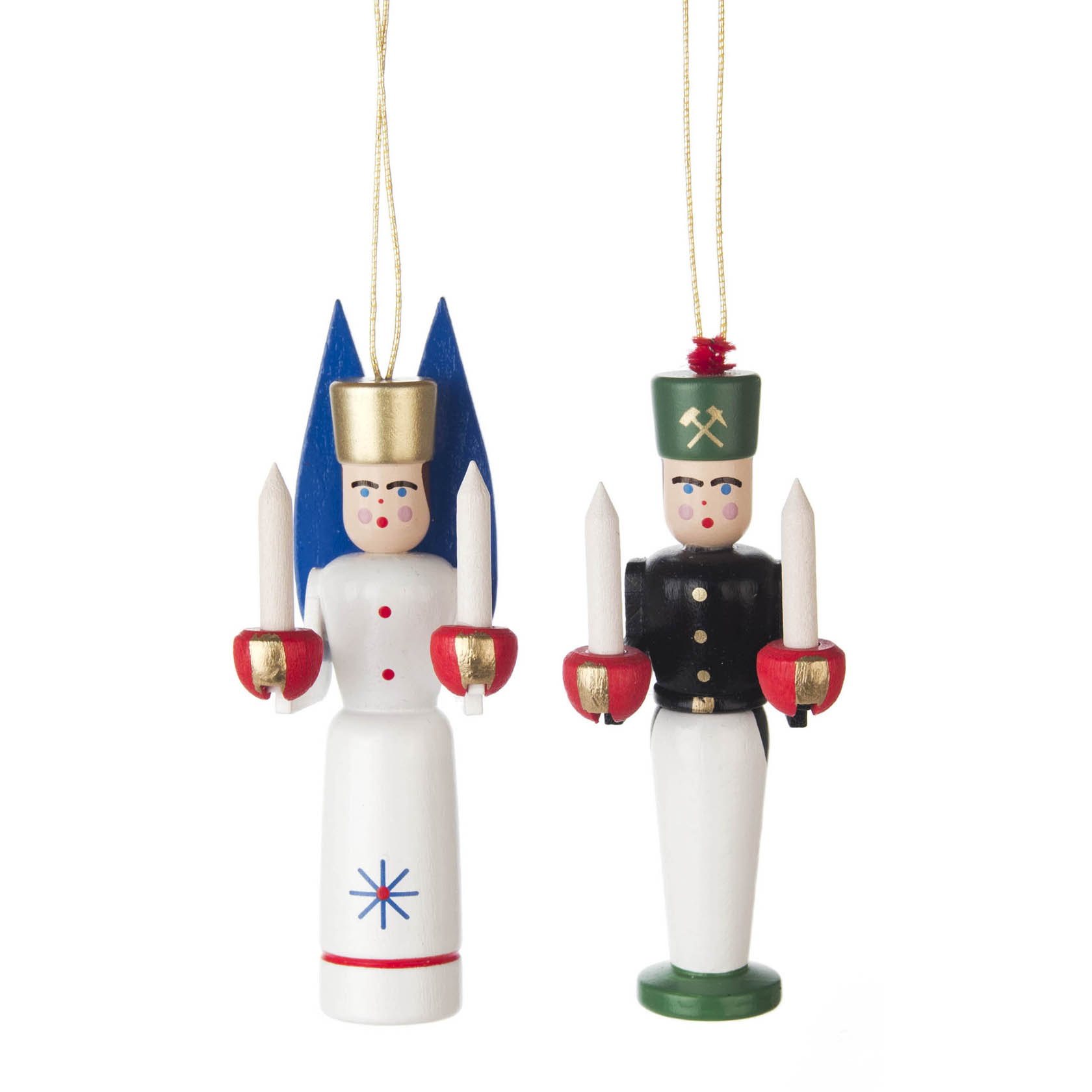 Zwei hölzerne Christbaumanhänger: ein Engel mit blauen Flügeln und roten Kerzen in den Händen, sowie ein Bergmann mit grüner Mütze und blauen Kerzen. im Dregeno Online Shop günstig kaufen