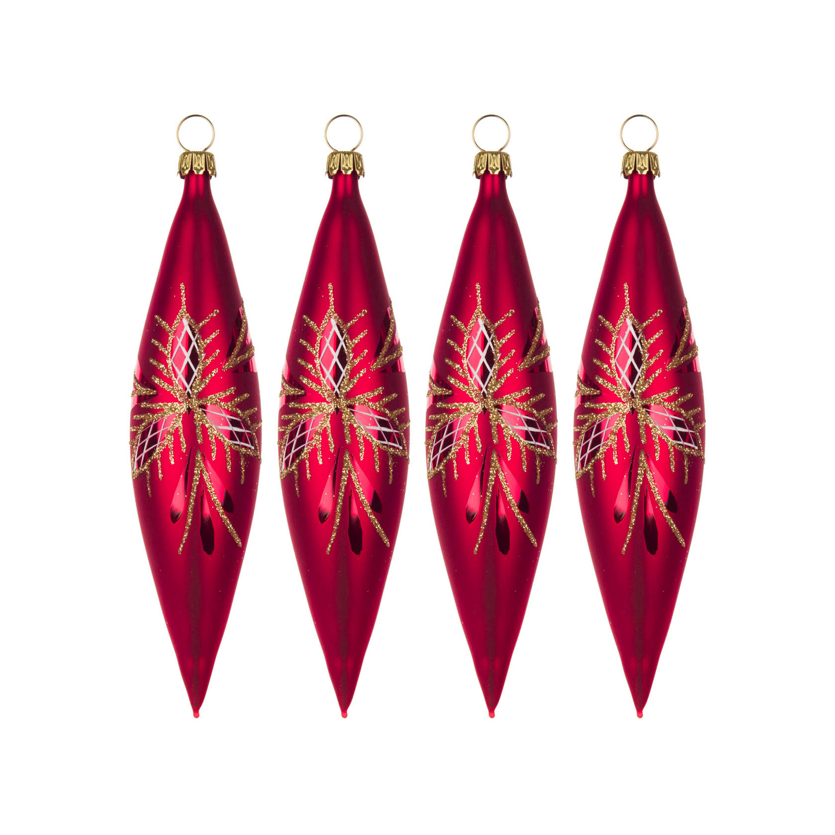 Vier rote, mattierte Thuringer Christbaumkugeln in Olivenform, 14 cm lang, mit goldfarbenem Waffelmuster dekoriert. im Dregeno Online Shop günstig kaufen
