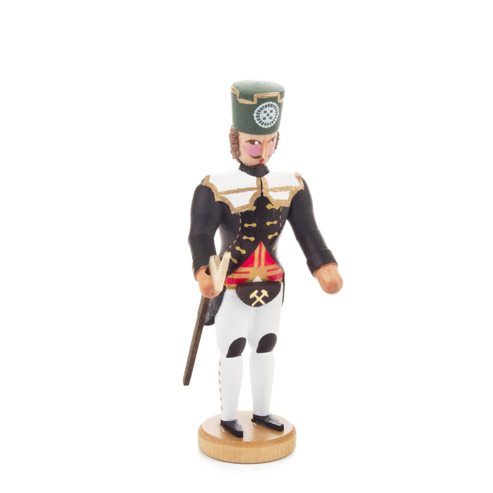Holzfigur eines Bergmanns in traditioneller Uniform mit hoher Mütze, Schaufel sowie schwarzer Jacke und weißer Hose mit Verzierungen. im Dregeno Online Shop günstig kaufen