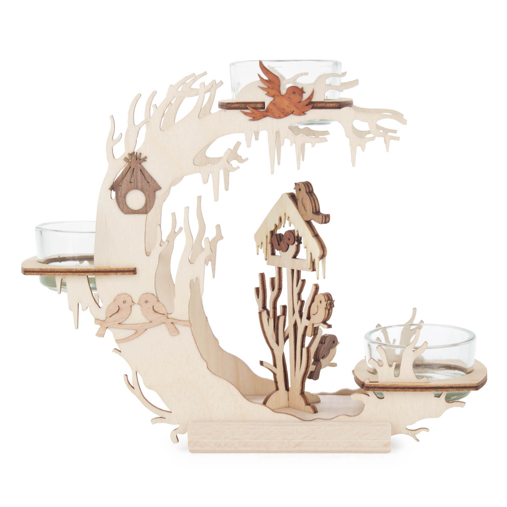 Holz-Teelichthalter in Form eines Vogelhauses mit drei Glasteelichthaltern und dekorativen Holzvögeln und Zweigen. im Dregeno Online Shop günstig kaufen