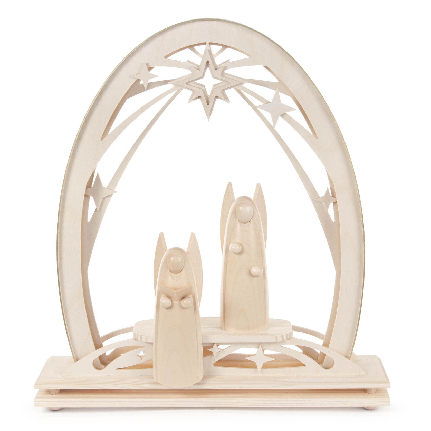 Ein Erzgebirgsbogen aus Holz mit zwei stilisierten Engel-Figuren. Der Bogen ist mit LED-Lichtern beleuchtet und zeigt ein Sternmotiv. im Dregeno Online Shop günstig kaufen