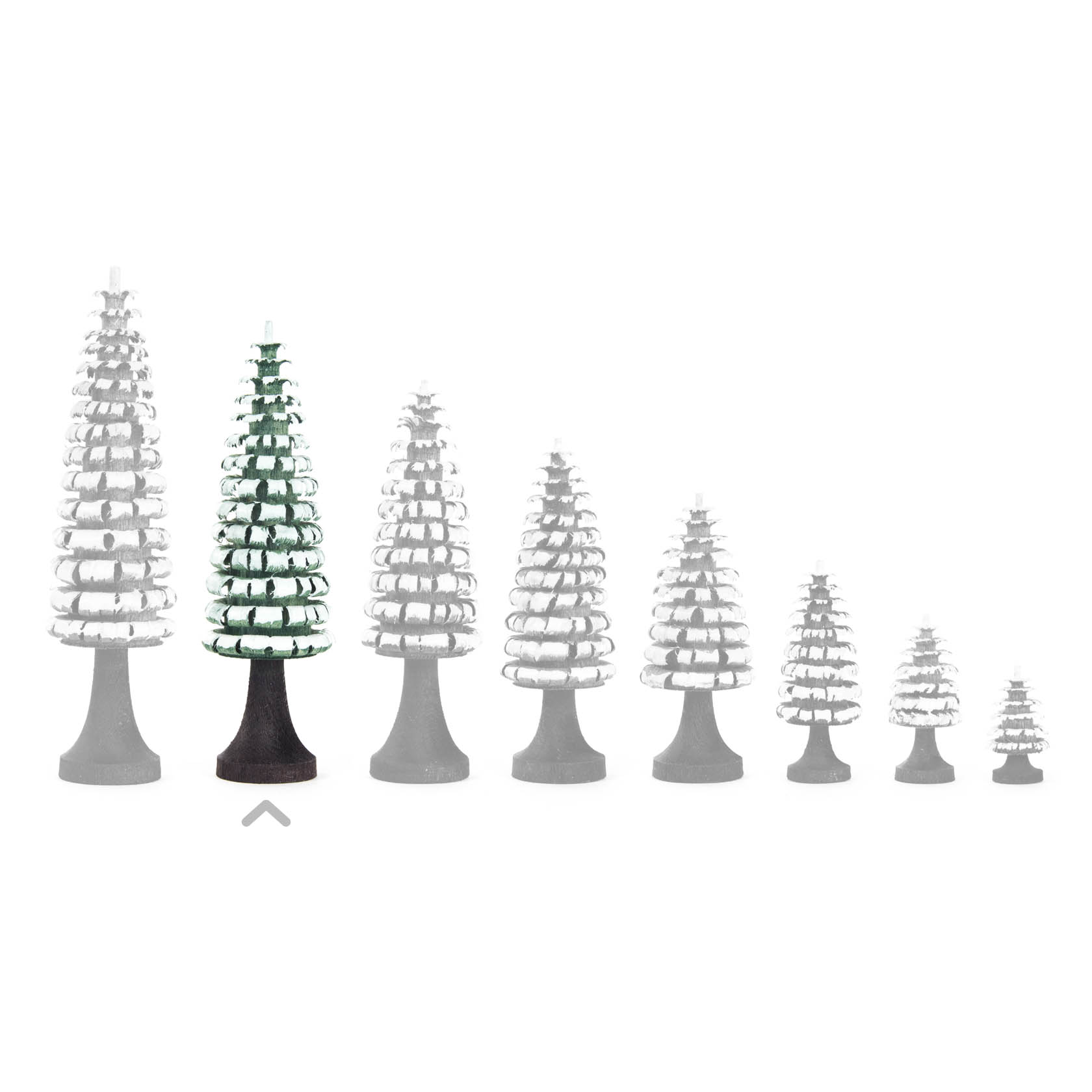 Eine Serie von Ringelbäumen, zunehmen in Größe von links nach rechts, der größte Baum ist farbig in Grün und Weiß mit einem braunen Stamm.
