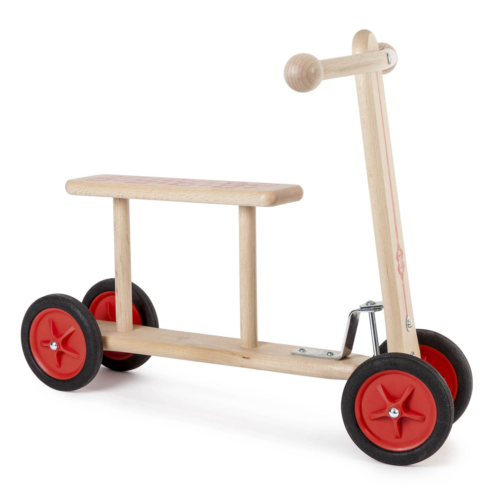 Holzlaufrad mit vier roten Rädern und einem Holzlenker, ohne Pedale. Es hat eine Sitzfläche und einen stabilen Metallständer. im Dregeno Online Shop günstig kaufen