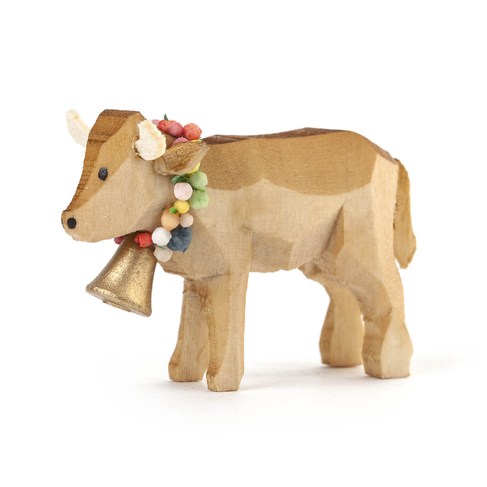 Holzfigur einer Kuh aus dem Almabtrieb, geschmückt mit einer bunten Blumengirlande um den Hals und einer großen Glocke. im Dregeno Online Shop günstig kaufen