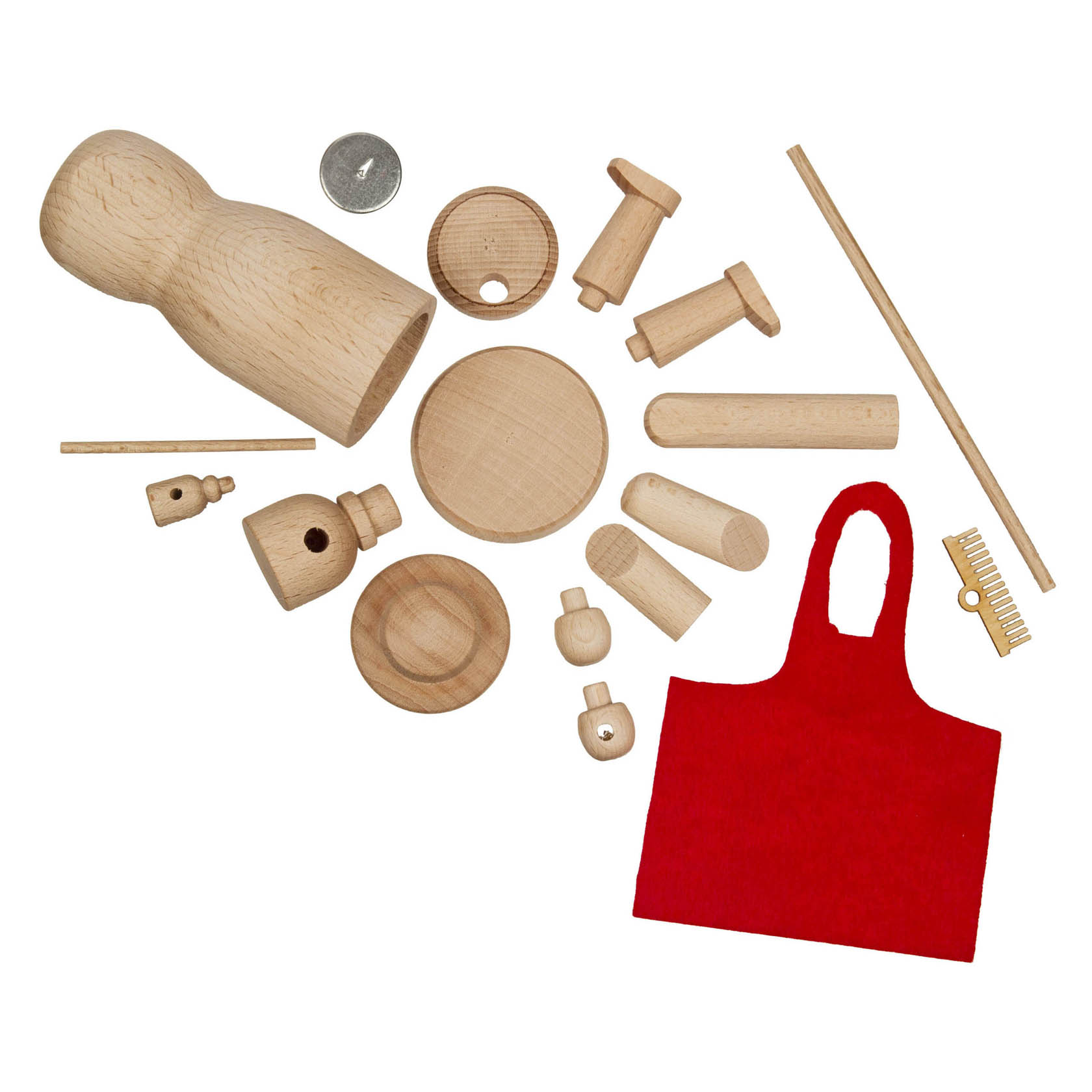 Ein Bastelset für ein Räuchermännchen in Gärtnerform. Das Set besteht aus Holzteilen, einer roten Filzschürze und kleinen Accessoires wie einem Rechen.