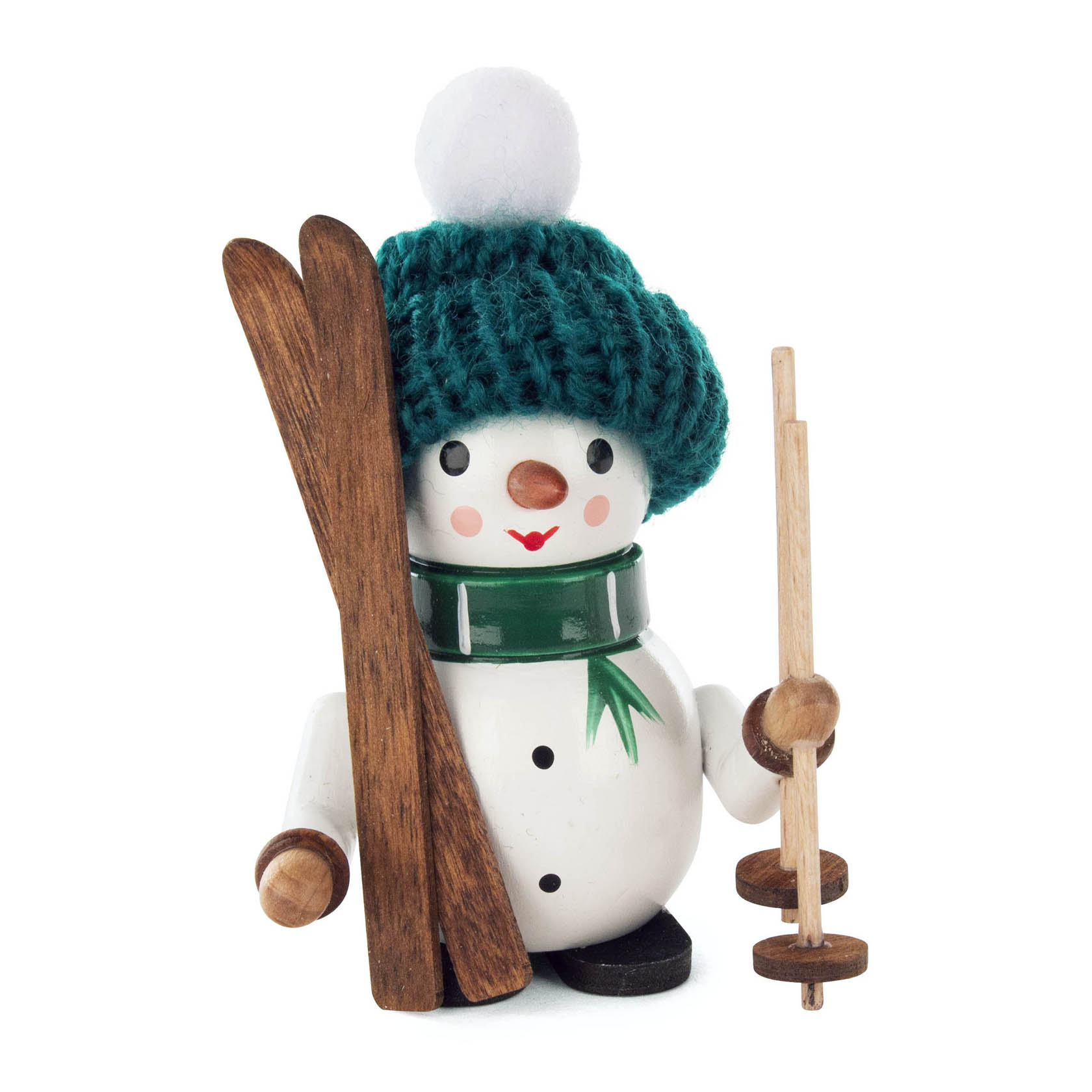 Kleiner Schneemann Richard mit grüner Mütze, hält zwei Holzskier in einer Hand und Skistöcke in der anderen. im Dregeno Online Shop günstig kaufen