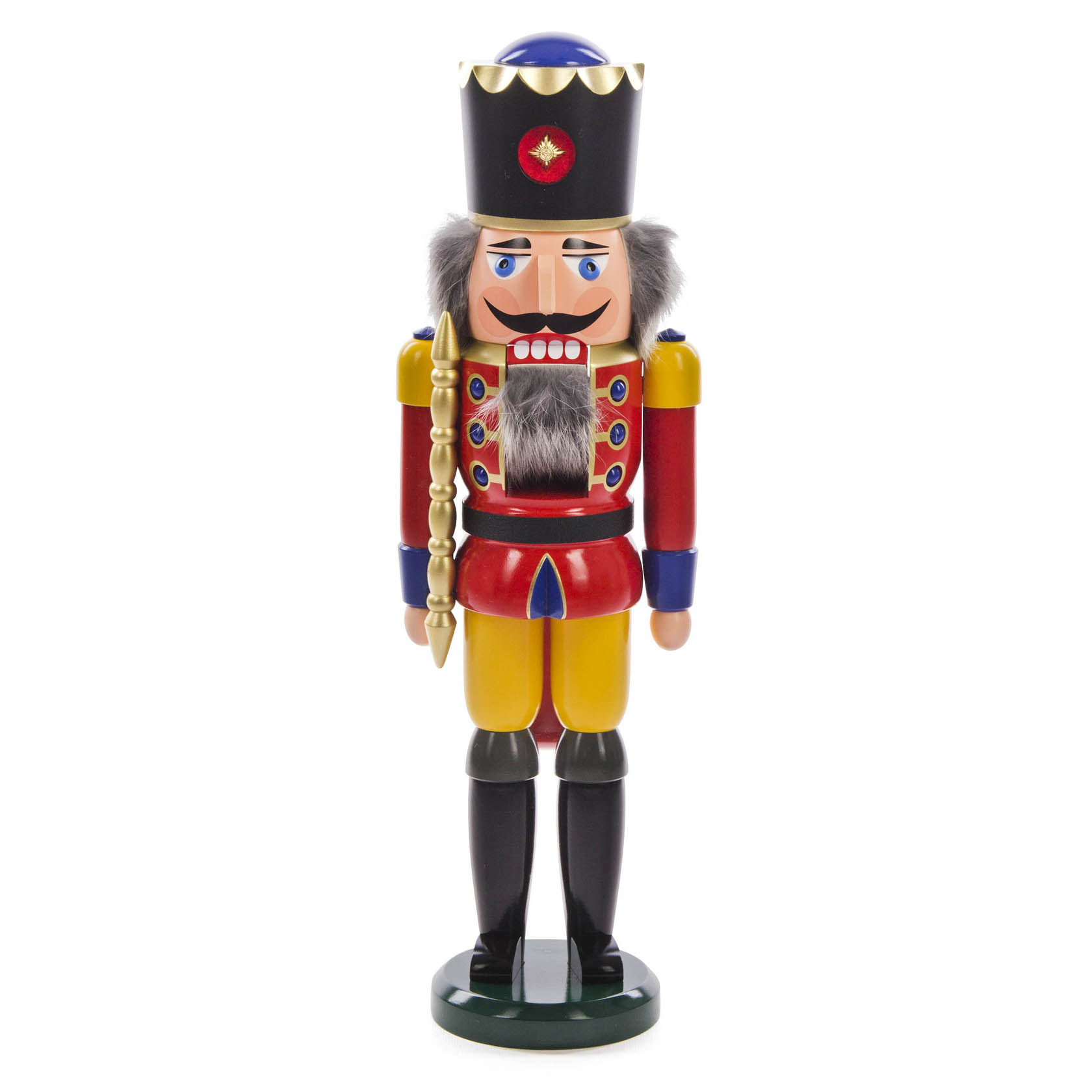 Ein farbenfroher Nussknacker in Rot und Gelb, etwa 50 cm groß, mit einem schwarzen Hut und Bart, hält ein goldenes Zepter und hat ein königliches Aussehen. im Dregeno Online Shop günstig kaufen