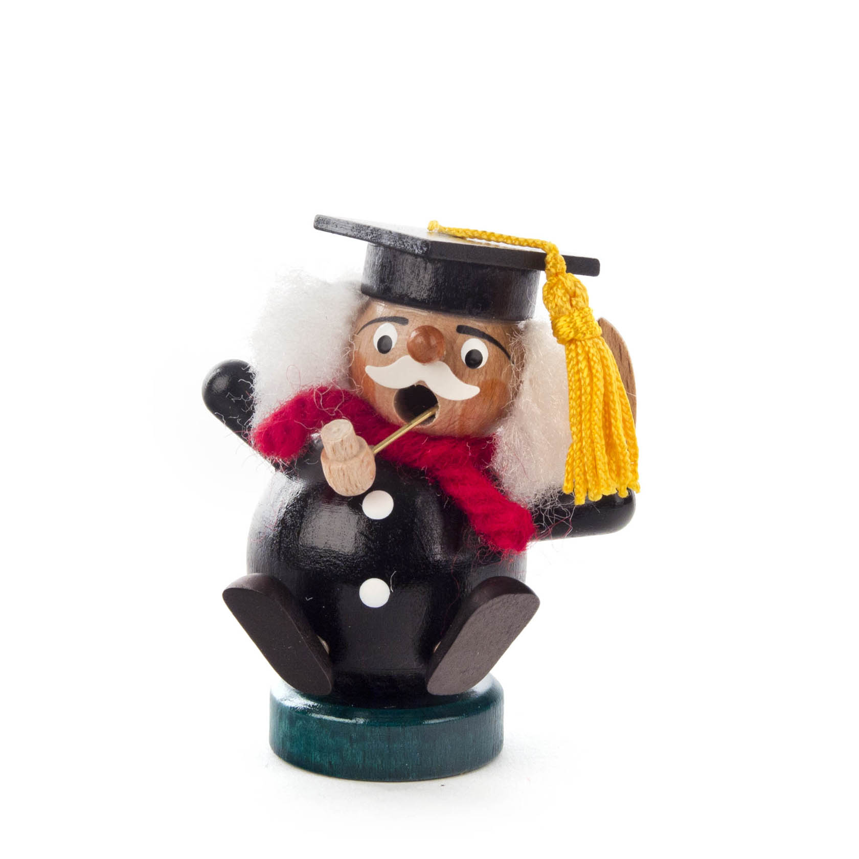 Ein kugelförmiger Räuchermann in Form eines Advokaten, mit schwarzem Hut, gelbem Quastenanhänger und rotem Schal, hält eine Pfeife. im Dregeno Online Shop günstig kaufen