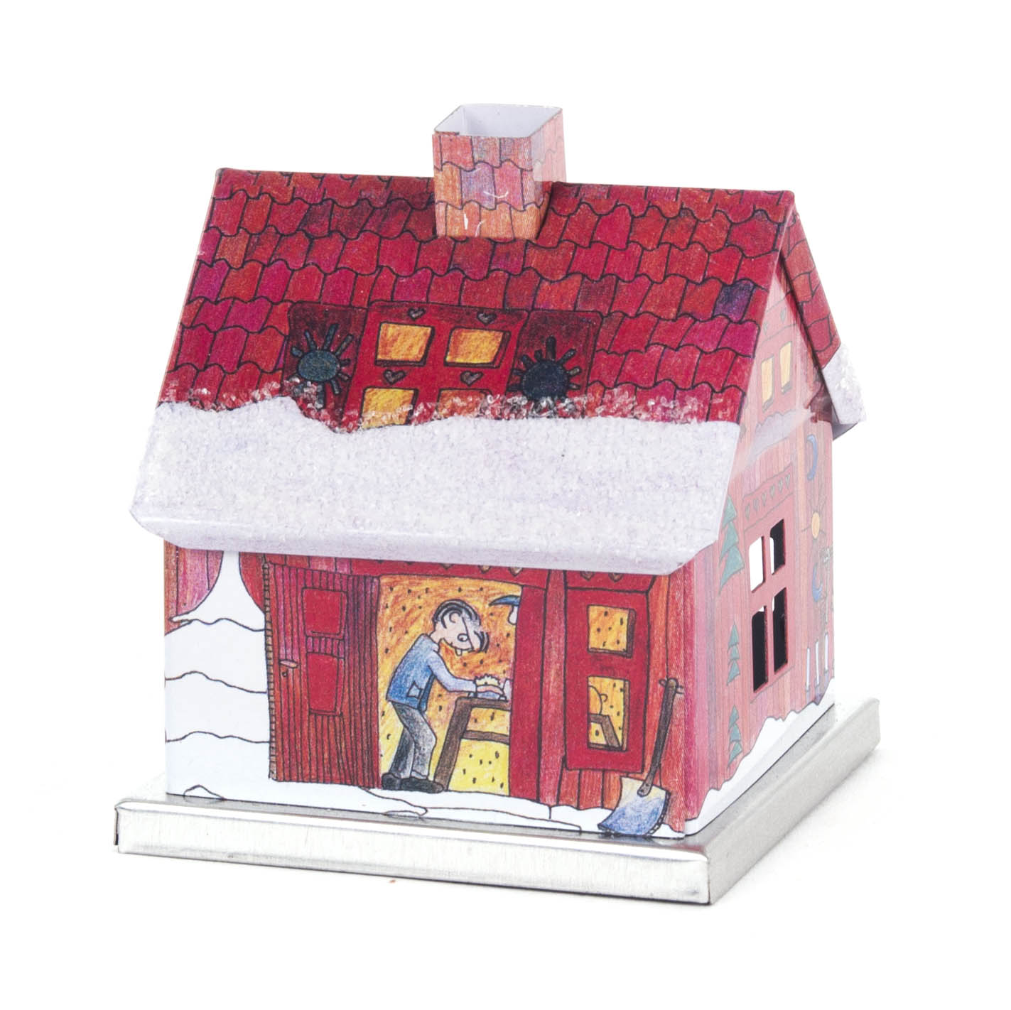 Bunt bemaltes Metallräucherhaus in Form eines rot gedeckten Hauses mit Schornstein, dekoriert mit Schnee und einer Illustration eines Mannes an der Tür.