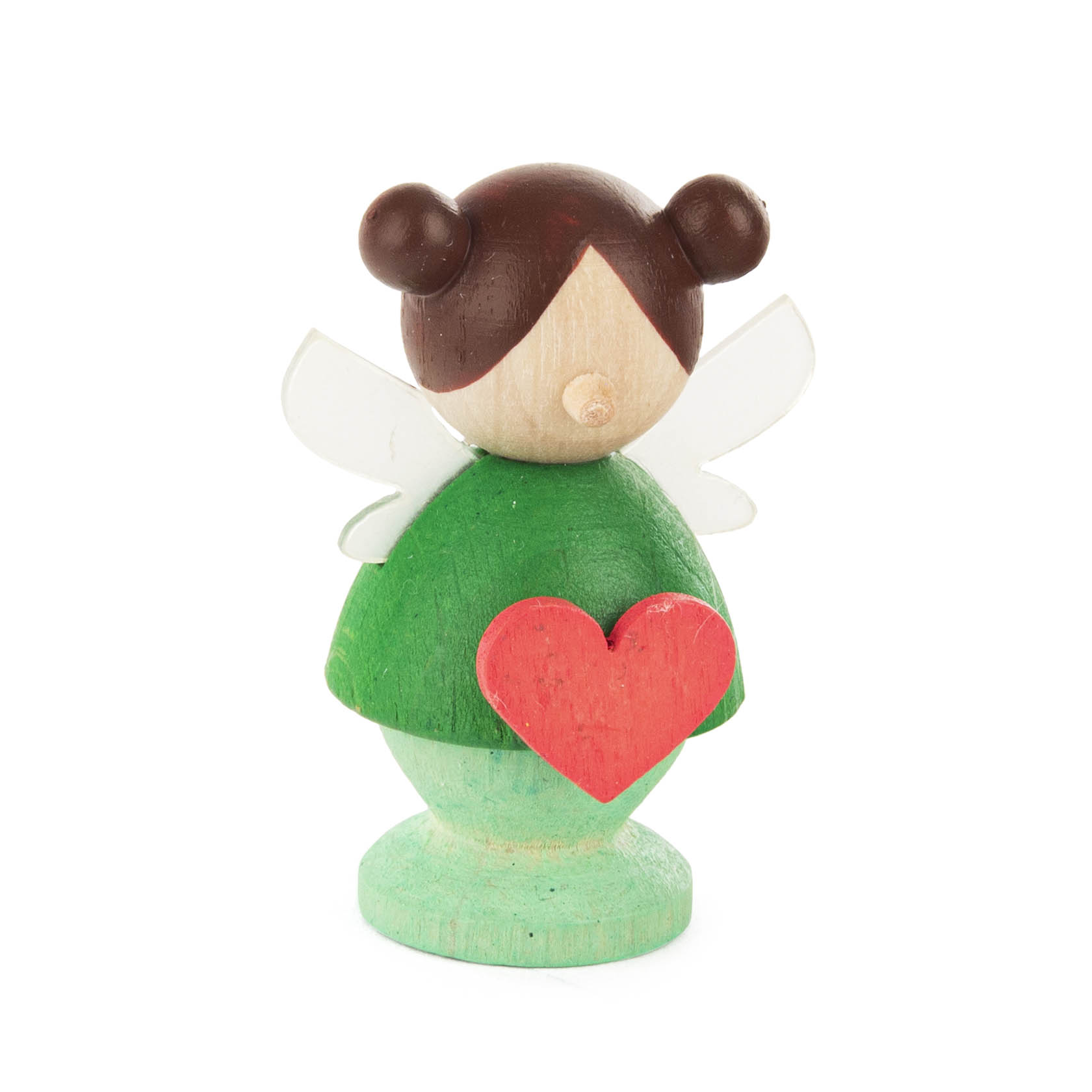 Holzfigur einer Fee mit braunen Haaren, grüner Kleidung, Flügeln und rotem Herz in den Händen. im Dregeno Online Shop günstig kaufen