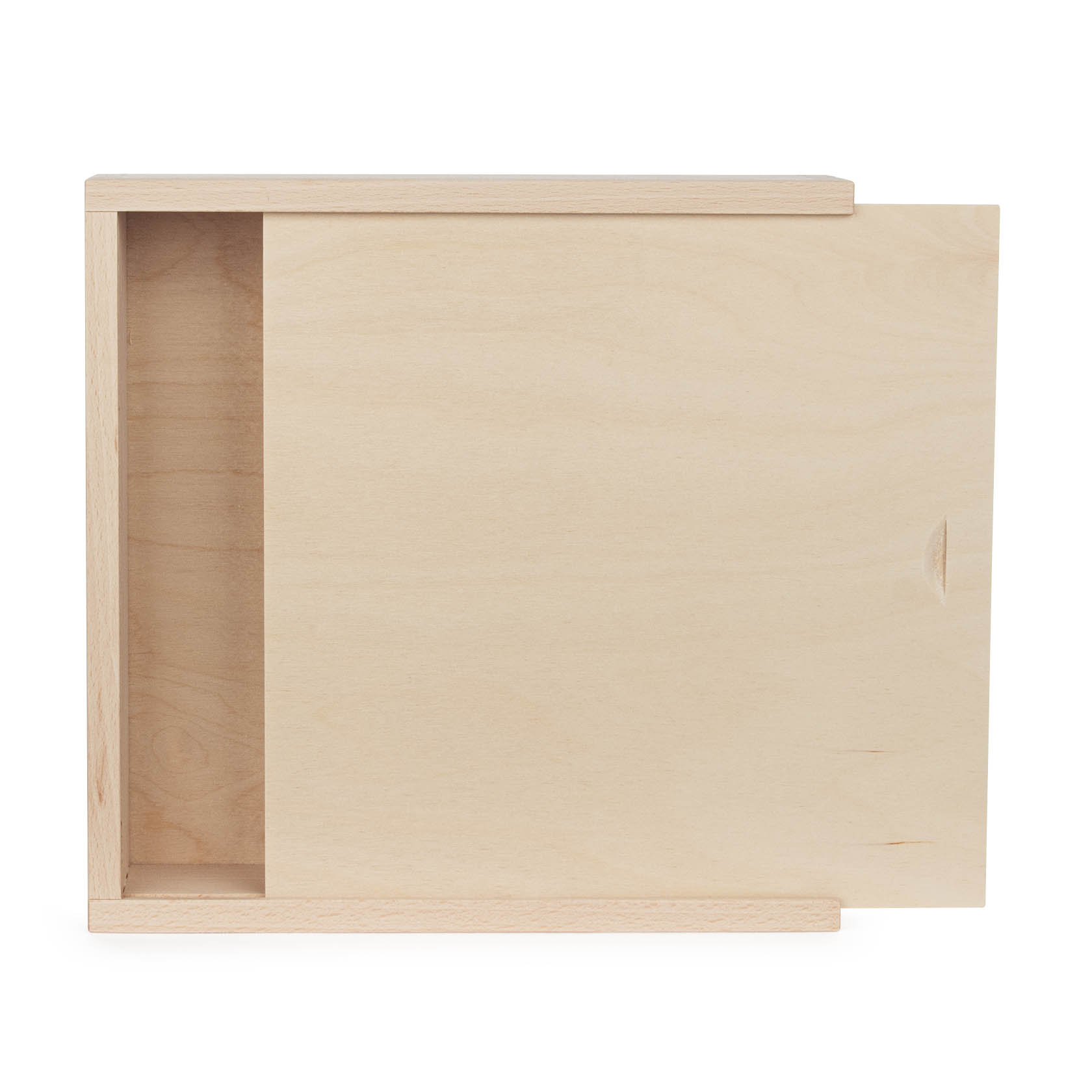 A wooden box with a sliding lid, shown open. It has interior dimensions of 200x200x35mm and exterior dimensions of 220x220x50mm.