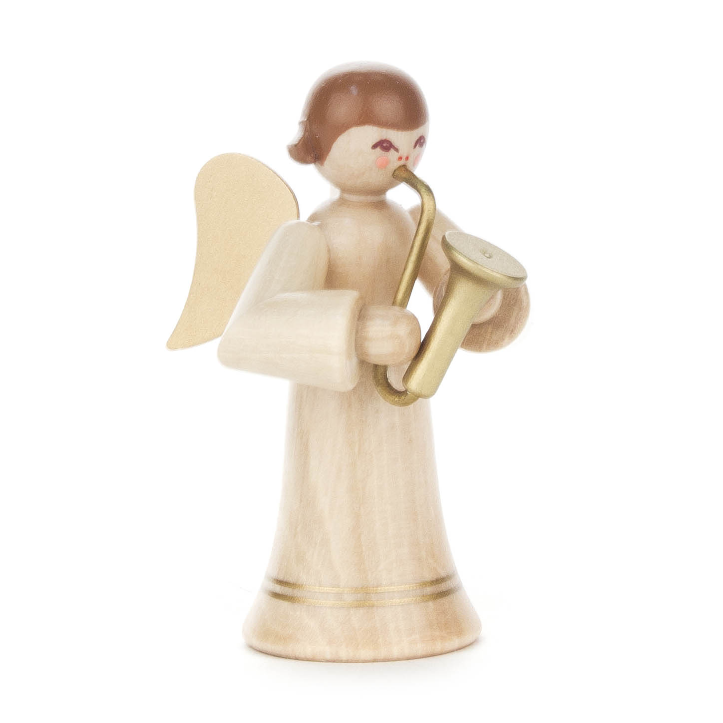 Holzfigur eines Engels mit braunen Haaren und goldenem Saxophon, in einem langen naturfarbenen Kleid mit goldenen Akzenten. im Dregeno Online Shop günstig kaufen