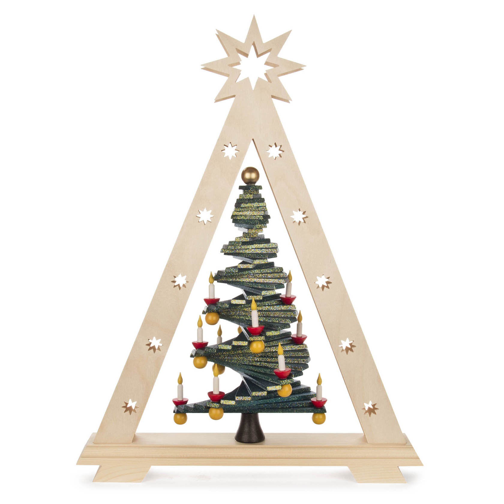 Holzschwibbogen mit einem stilisierten spiralförmigen Tannenbaum, goldene Verzierungen und LED-Kerzen, auf einem dreieckigen Rahmen mit Stern und Sternenmustern. im Dregeno Online Shop günstig kaufen