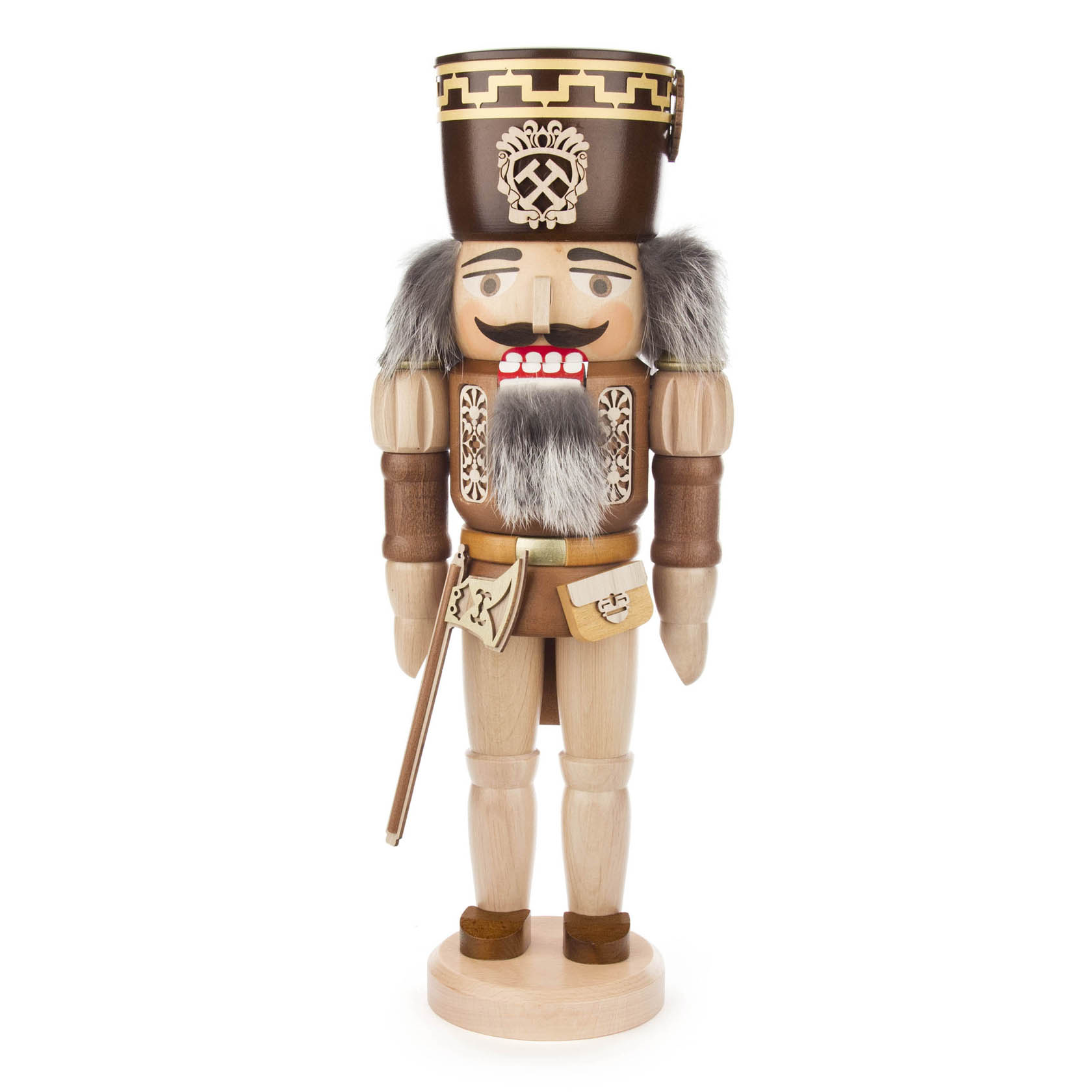 Ein dekorativer Nussknacker in Gestalt eines Bergmanns, 40 cm hoch, mit brauner Uniform, Pelzbesatz an den Schultern und einem Bart. im Dregeno Online Shop günstig kaufen