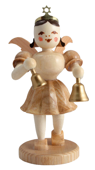 Holzfigur eines Engels mit Flügeln, der in beiden Händen goldene Glocken hält. Der Engel hat rote Wangen und einen goldenen Heiligenschein. im Dregeno Online Shop günstig kaufen