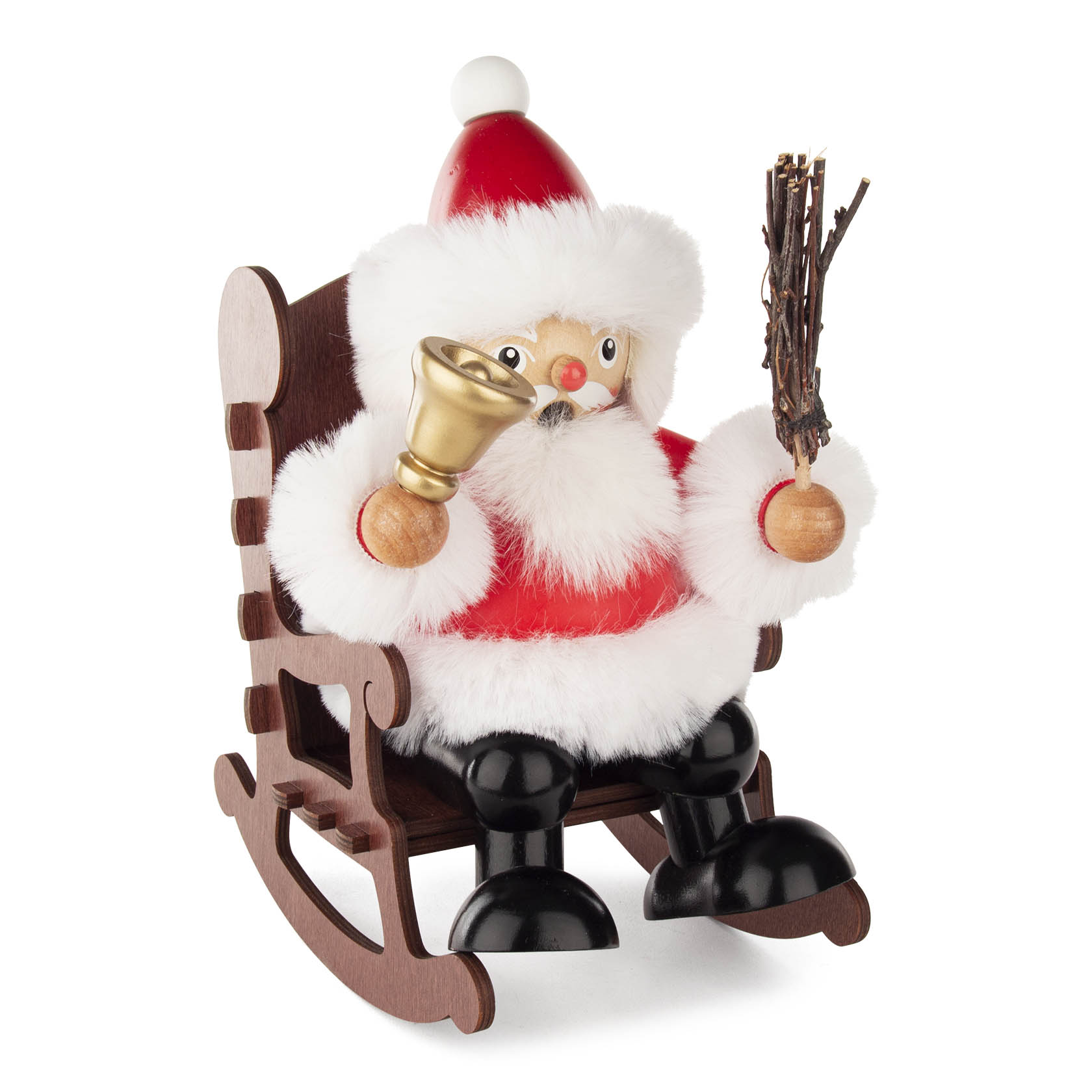 Ein traditioneller Räuchermann in Form eines Weihnachtsmannes sitzt in einem Schaukelstuhl, hält eine Glocke und einen Reisigbesen. im Dregeno Online Shop günstig kaufen