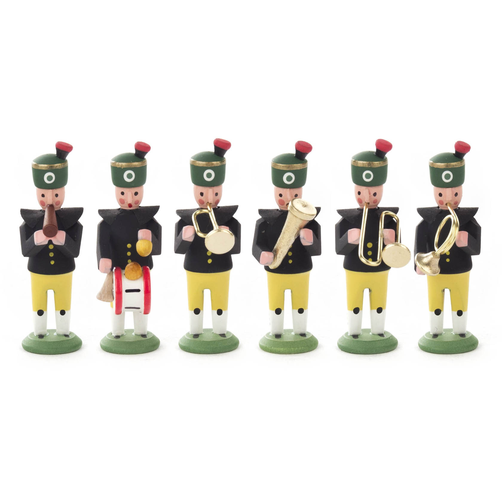 Sechs Miniatur-Bergmänner als Musiker, in grünen Hüten und schwarzen Jacken, spielen verschiedene Instrumente wie Trompete und Flöte. im Dregeno Online Shop günstig kaufen