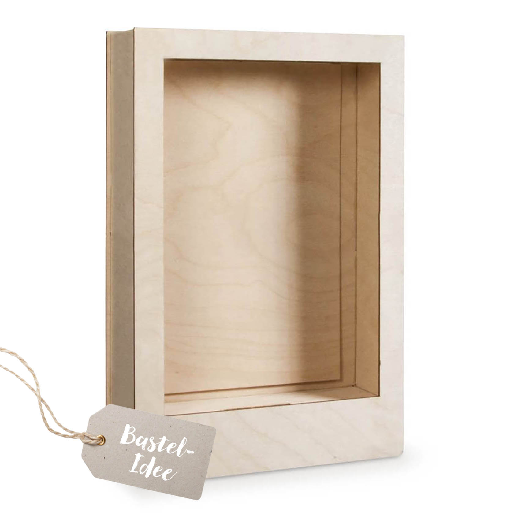 Einfacher, rechteckiger 3D-Motivrahmen aus unbehandeltem Holz mit einer Tiefe von ca. 6,6 cm und einer Größe von 20x30 cm. im Dregeno Online Shop günstig kaufen