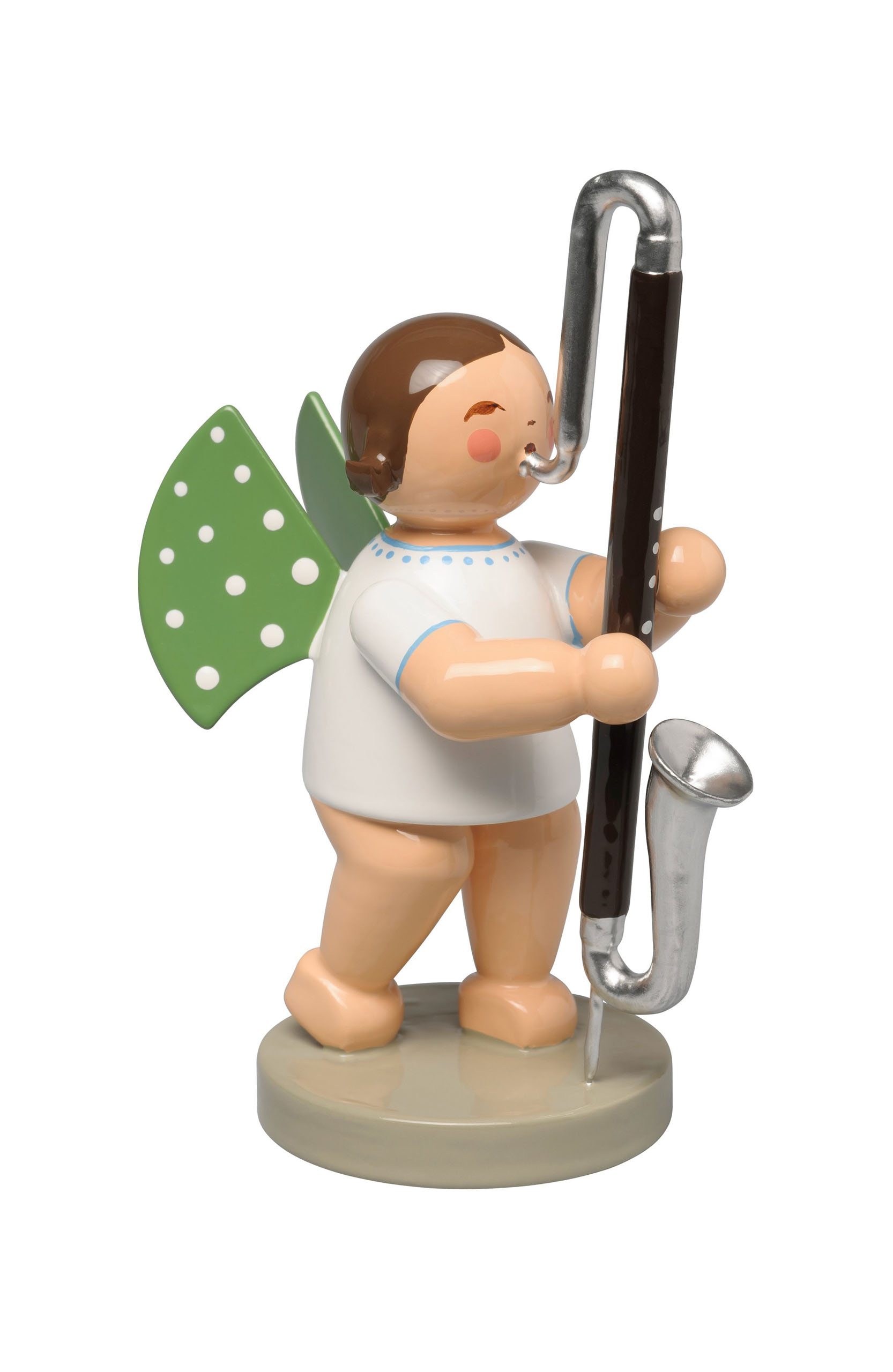 Figur eines Engels mit grünen Flügeln und weißem Gewand, der eine Kontrabassklarinette hält. im Dregeno Online Shop günstig kaufen