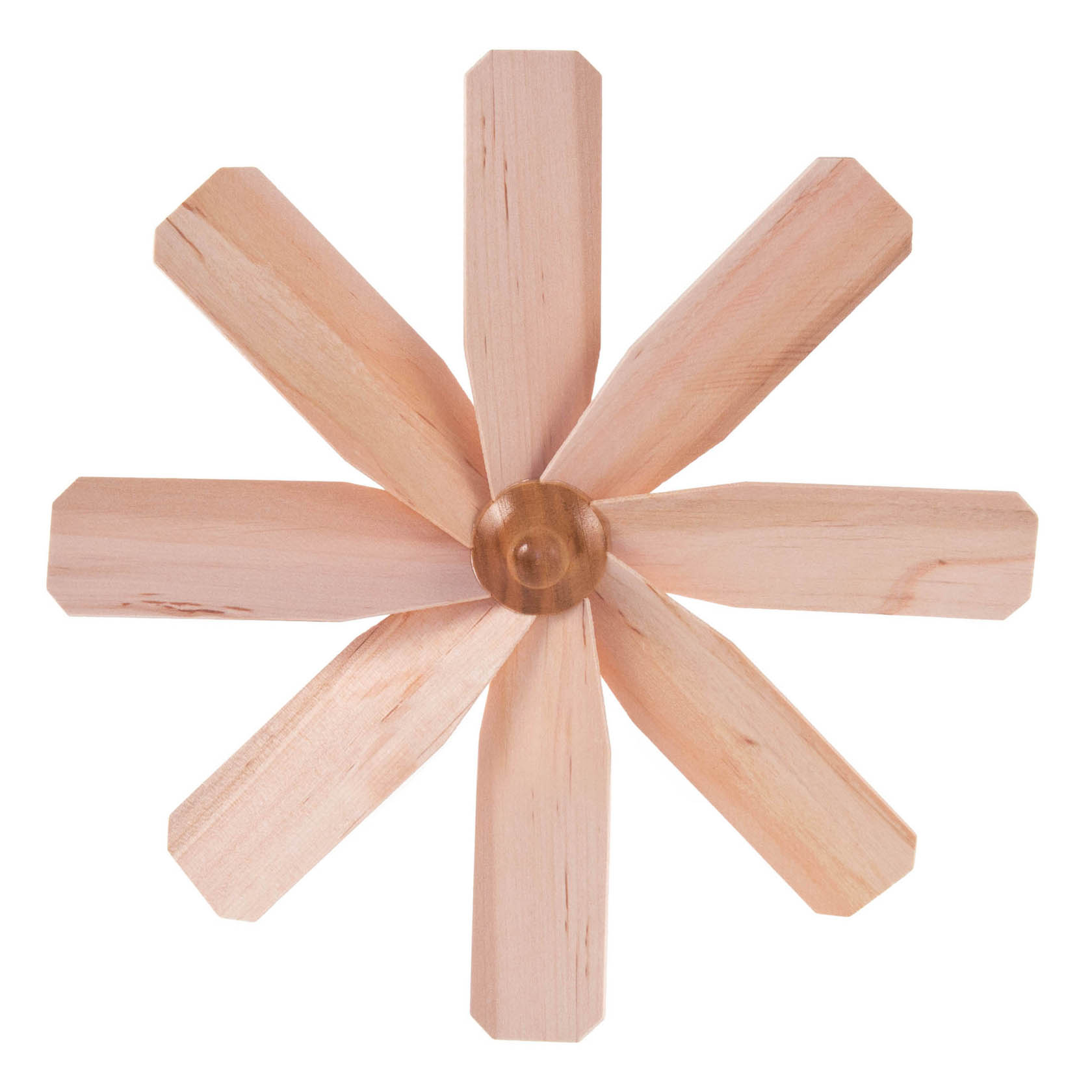 Ein sechseckiges Holz-Flügelrad mit glatten, rechteckigen Flügeln, die radial um einen zentralen hölzernen Nabenpunkt angeordnet sind. im Dregeno Online Shop günstig kaufen