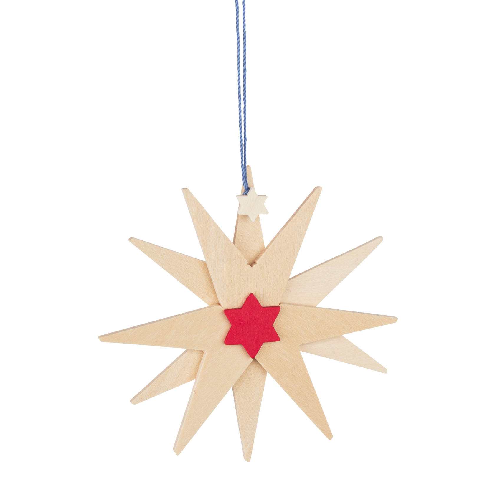 Ein elfförmiger Weihnachtsstern aus hellem Holz mit blauem Band, ein kleiner weißer und ein roter Stern auf der Vorderseite. im Dregeno Online Shop günstig kaufen