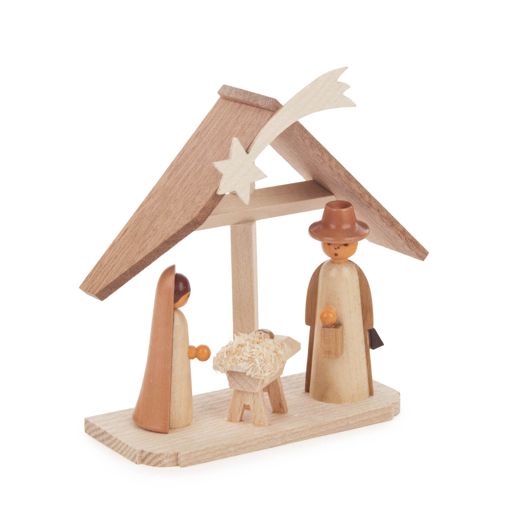 Kleine Holzkrippe mit Maria, Josef und dem Jesuskind in der Krippe; ein Holzdach mit einem Stern darüber.