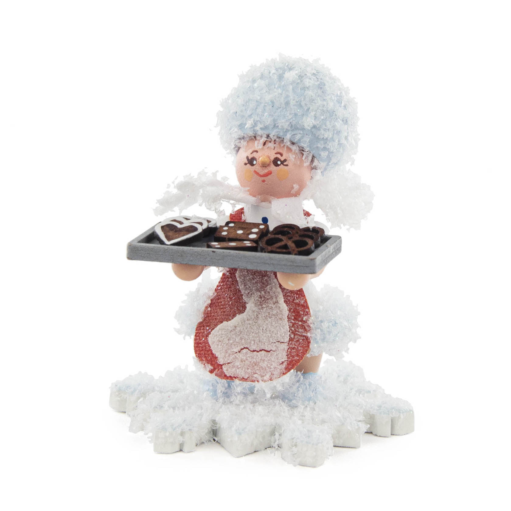 Ein Schneemann-Figur mit flauschigem blauem Hut und Mantel hält ein Backblech mit Lebkuchenformen wie Herz, Stern und Brezel. im Dregeno Online Shop günstig kaufen